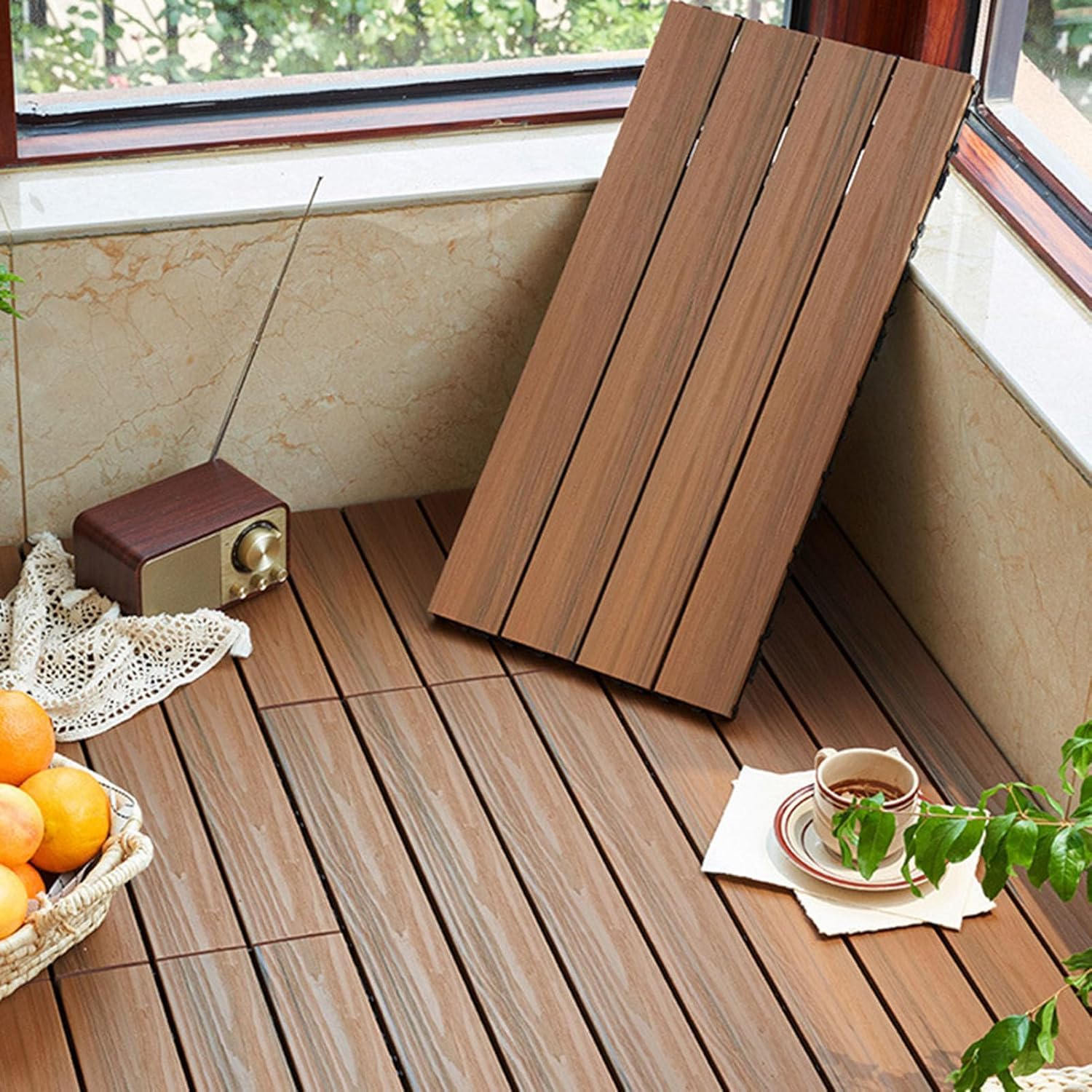 Dalles et lames de terrasse en composite, Le Decking en bois composé de verrouillage couvre de tuiles les pièces multicolores extérieures 7 30x30cm(Teak color)