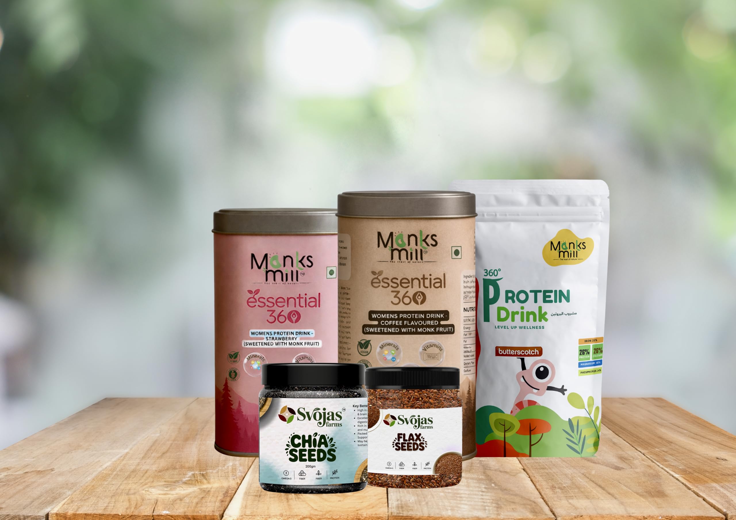 Monks Mill Women Wellness Combo Pack with Essential 360 Protein Drink, Chia Seeds and Flax Seeds, Coffee and Strawberry Flavour, 810g-image-3