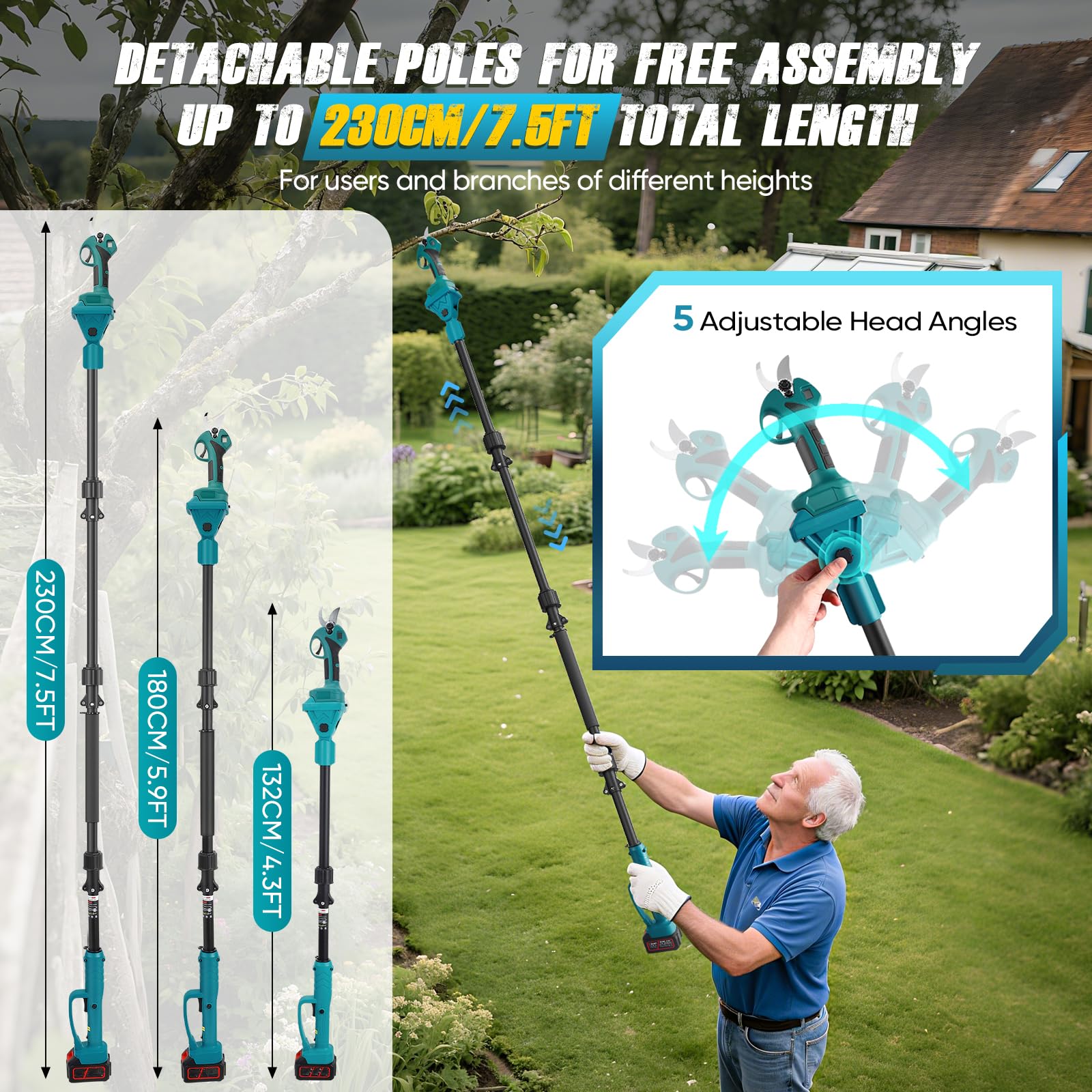 2 en 1 Secateur Electrique Sans Fil, avec 21V 2x3.0 Ah Batteries, Elagueuse sur Perche pour Arbres et Arbustes