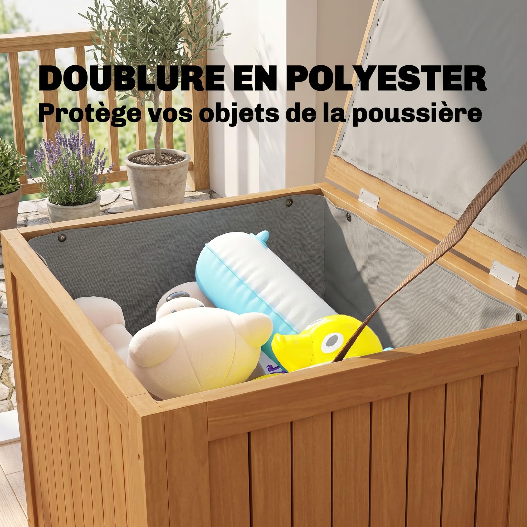 Outsunny Coffre de Rangement en Bois Massif 130L Balcon 63x51x58,5cm Brun