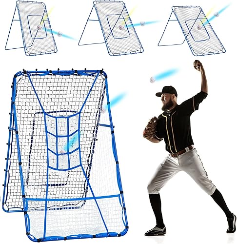 Miniatura 12 de Red de rebote de lanzamiento de béisbol, objetivo de bateo de 9 hoyos, redes de entrenamiento de softbol con zona de ataque, 2 redes de