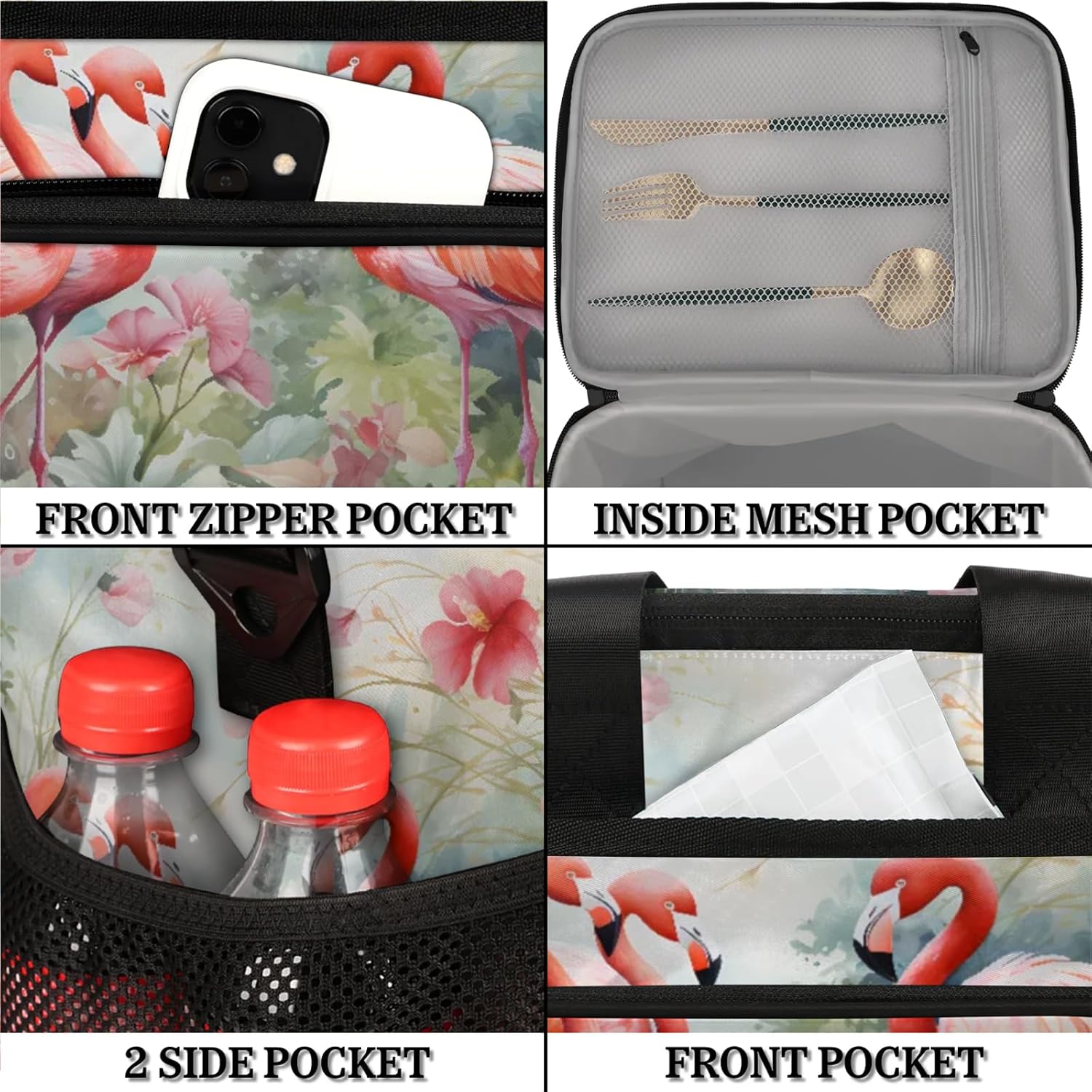 Flamingos Insulated Picnic Backpack Lunch Box for Women Men Picnic Basket Tote Lunch Bag Picnic Bag Portable Lunch Bags for Picnic, Beach, Work, Trip,Office, Camp Tropical Flowers