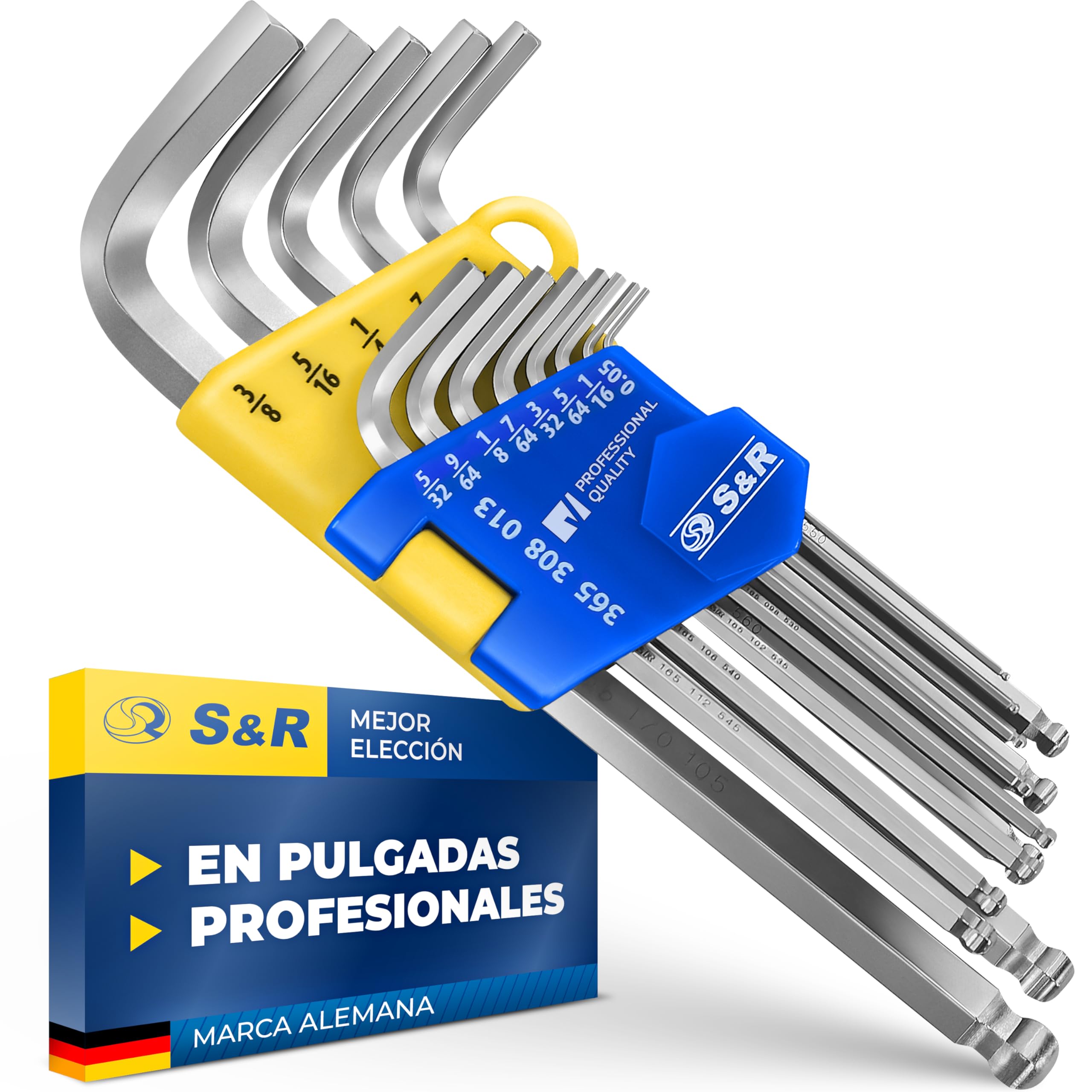 S&R Long Allen Keys in Inch. Set of 13 Professional Hexagonal Keys with Ball