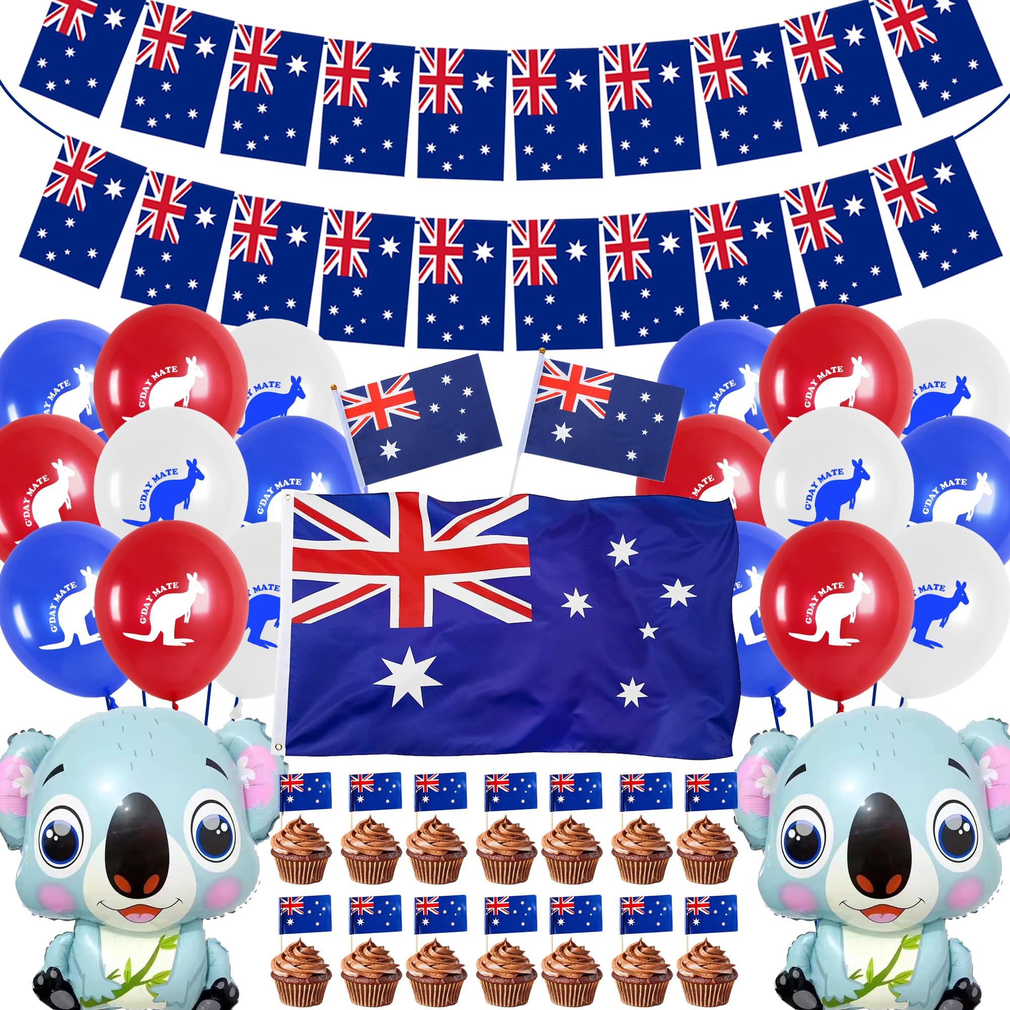 143pcs Australian Decorations Set - Party Props, Cake Topper, Hand Waved Flag, Animal Latex Balloons, Bunting for Australia Day Send Off, Patriotic Theme Decoration