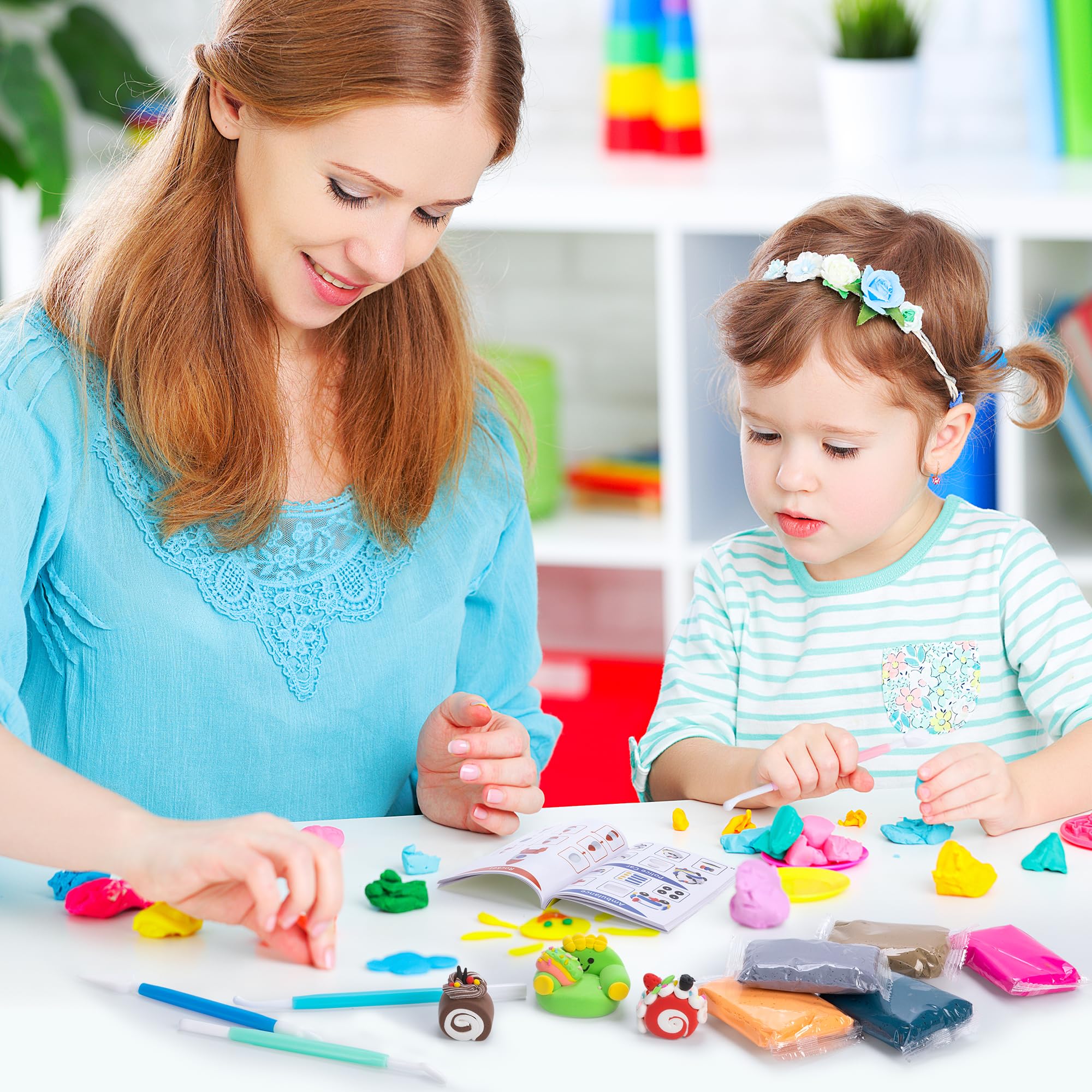 SUNCLAY Pate a Modeler - 55 Couleurs Argile Autodurcissante avec 80 Pages de Tutoriels 9 Outils 5 Accessoires Pâte à Modeler Jouet Créatif Cadeau pour Enfant Garçons Filles 3 4 5 6 7 8-12 Ans