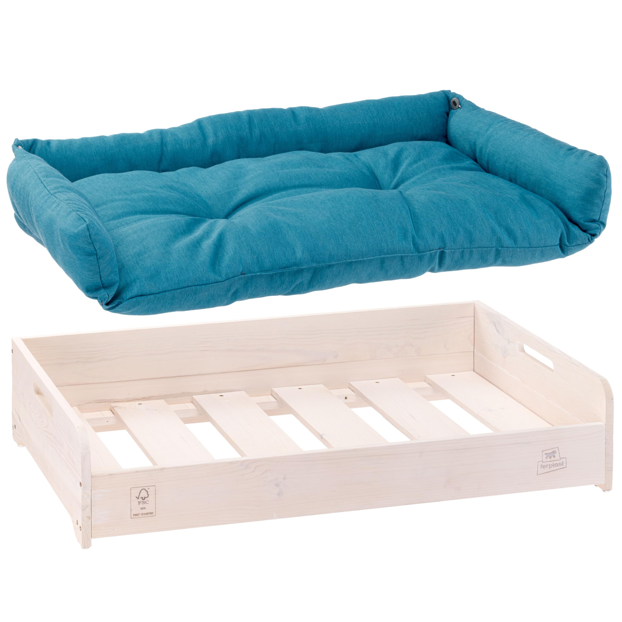 Ferplast Cama Perro y Gato con Cojin Hall, Cama para Perros y Gatos, Almohada Lavable, Madera FSC, Cama para Perros Medianos y Gatos, Transpirable y Antideslizante, 80.5 x 53 x h 17.5 cm