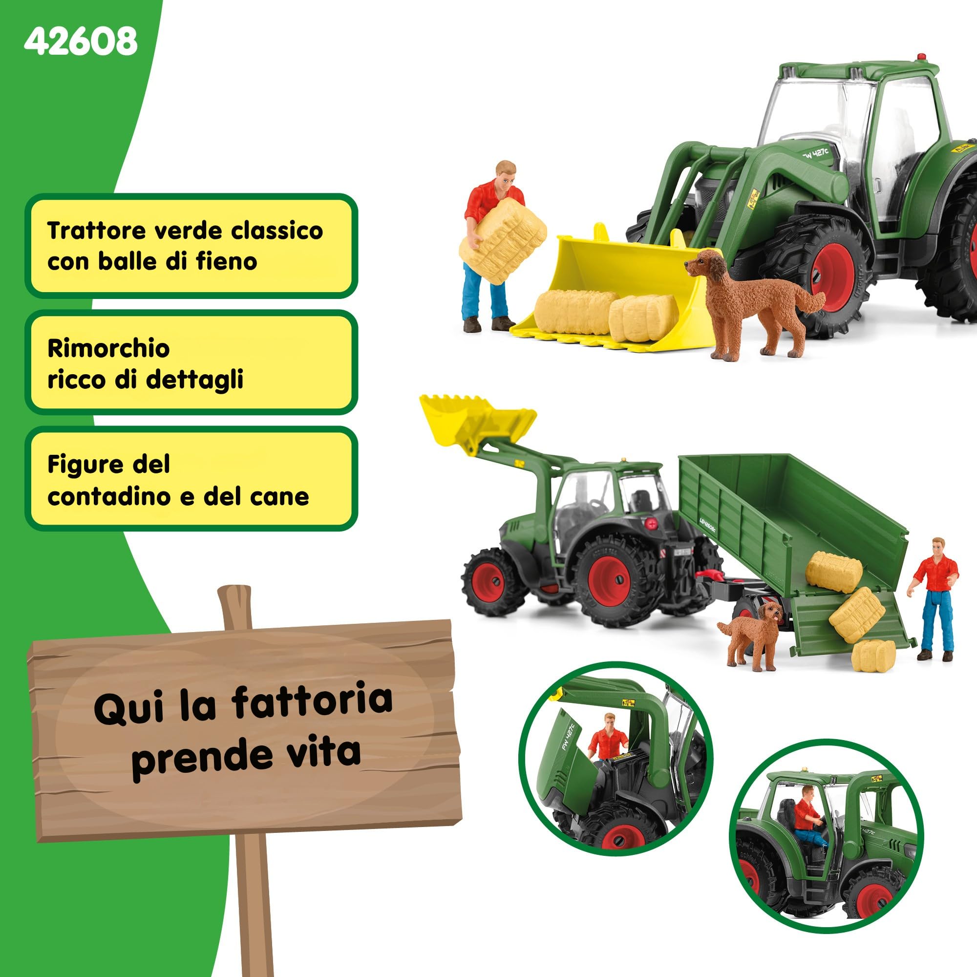 Schleich FARM WORLD | Trattore con rimorchio 42608 | 8 pezzi | Set da gioco dai 3 anni | set con personaggi, numerose funzioni e tanti accessori | figura animali della fattoria schleich
