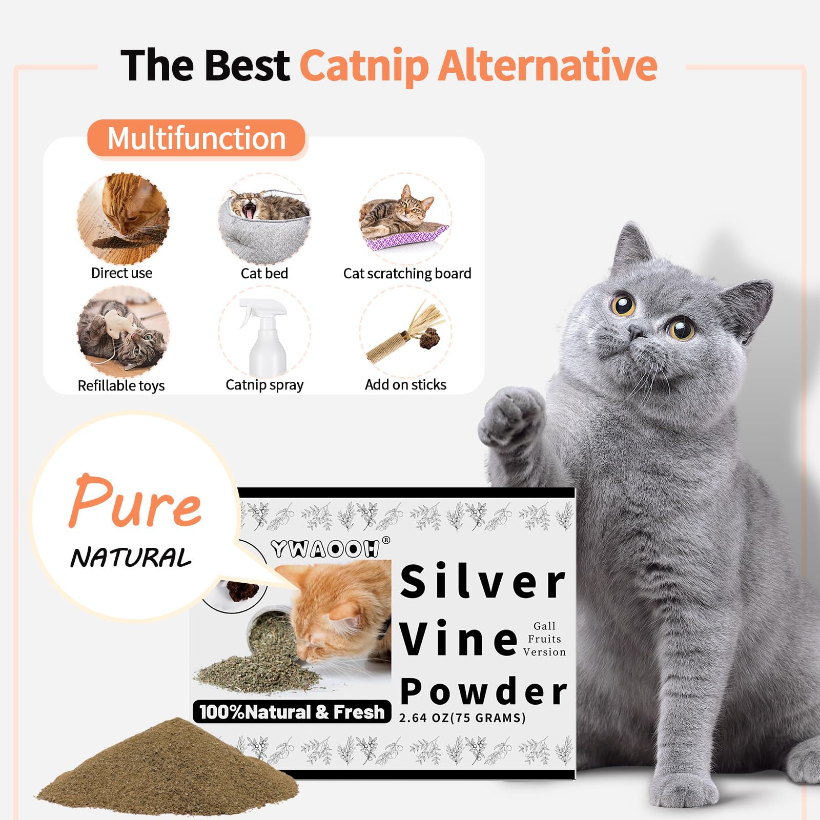 Juguetes para gatos – Polvo de vid plateada de 2.65 onzas con 5 bolsas pequeñas, alternativa de hierba gatera, polvo de fruta de hiel de plata 100% natural, juguete para gatos Matatabi para
