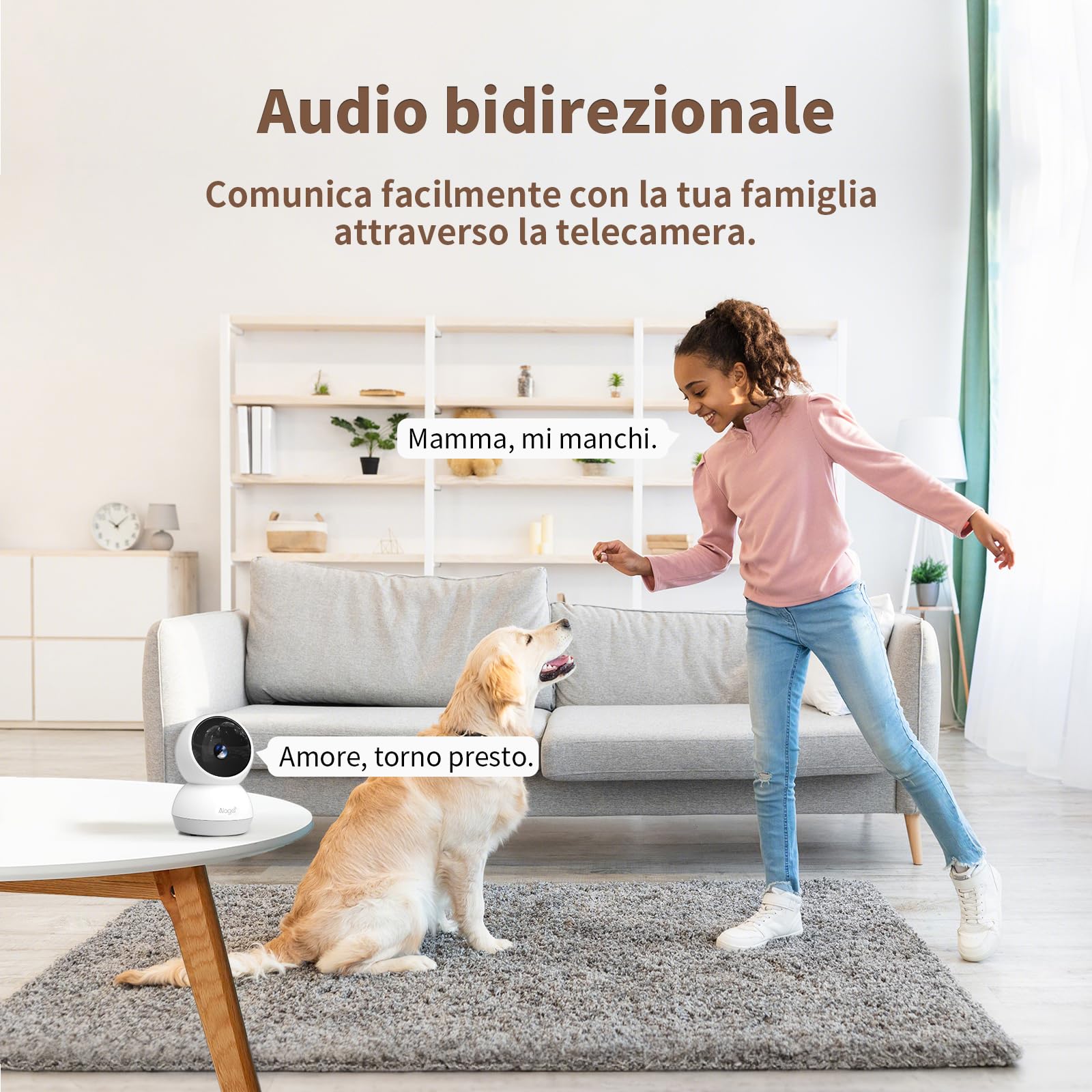 Alaga Telecamera di Sicurezza Interna 2K, Rilevamento AI di Persone e Animali, Wi-Fi 2.4/5 GHz, Rotazione 360°, Visione Notturna, Audio Bidirezionale, Compatibile con Alexa & Google (3 Mesi Cloud)