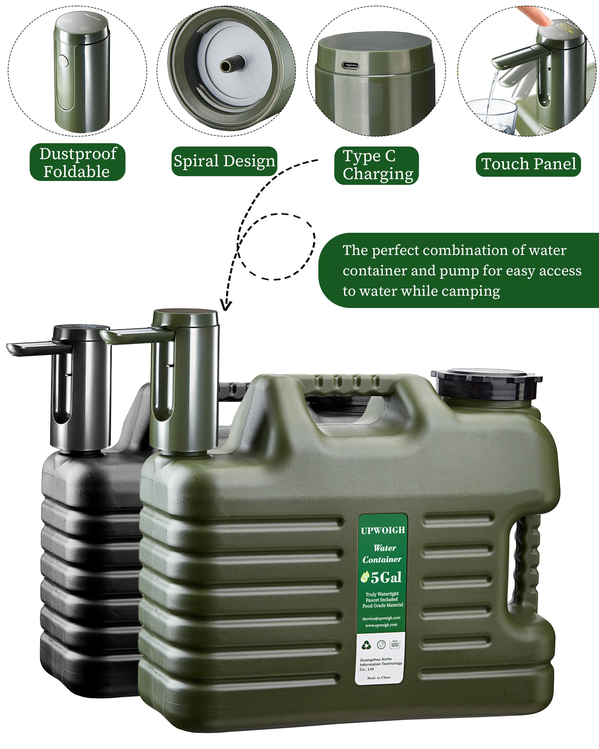 UPWOIGH Tragbarer 19 l Wasserkrug mit automatischer Touch-Steuerungspumpe, wirklich kein Auslaufen, Wasserbehälter mit Zapfhahn, Typ-C wiederaufladbar, militärischer grüner Wasserspender für Outdoor