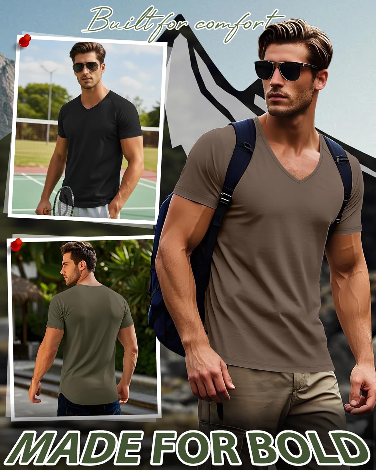 Riyiper 3 Pack Men's Short Sleeve V Neck T-Shirts Raglan Curved Hem Shirts Casual Basic Tops Soft Summer Stretchy Tees