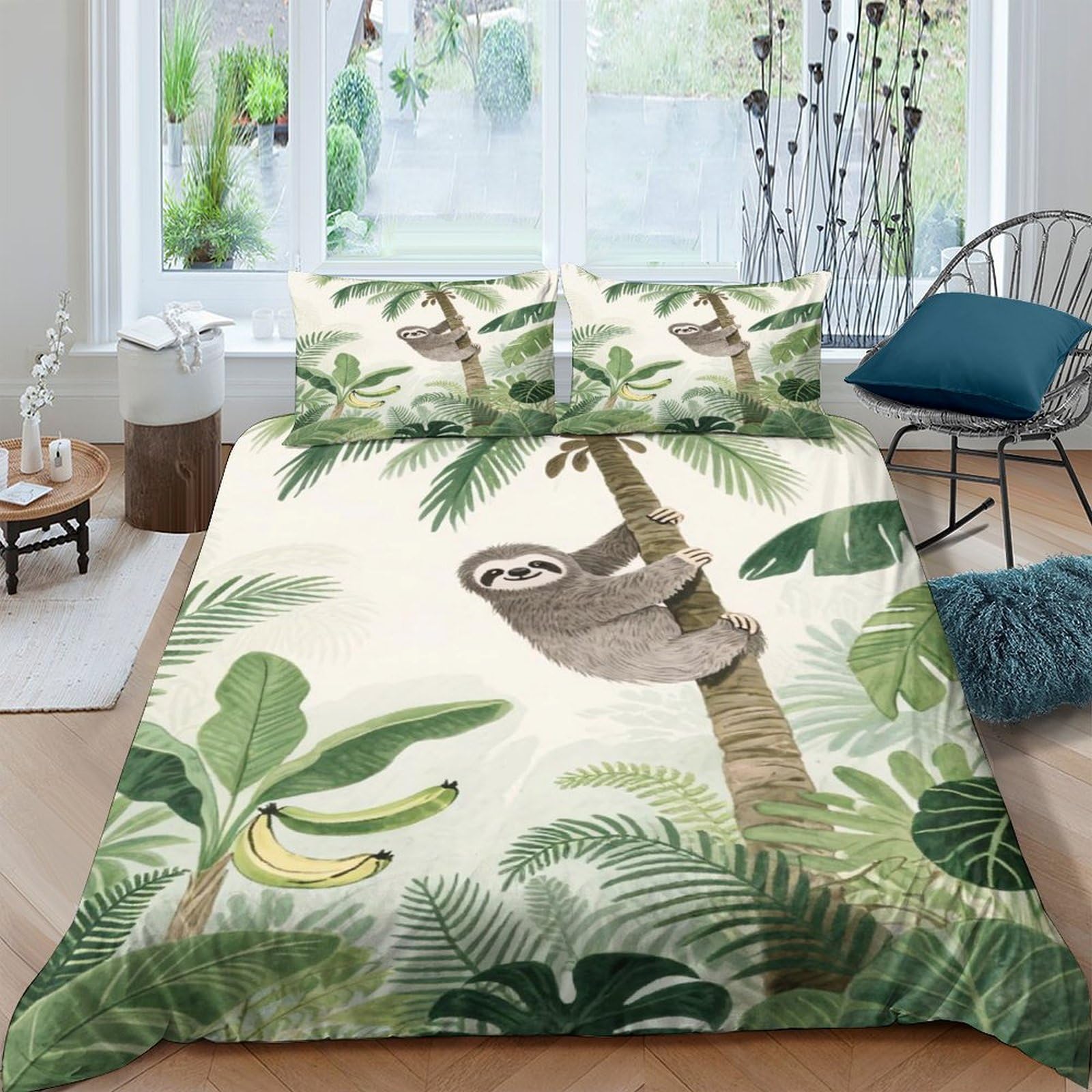 GPLZQXKJNH 3D Printed Tropical Sloth Duvet Cover Microfiber Breathable Banana Jungle Bedding Set with 2 Pillowcases for Bedroom Apartment Single（135x200cm）