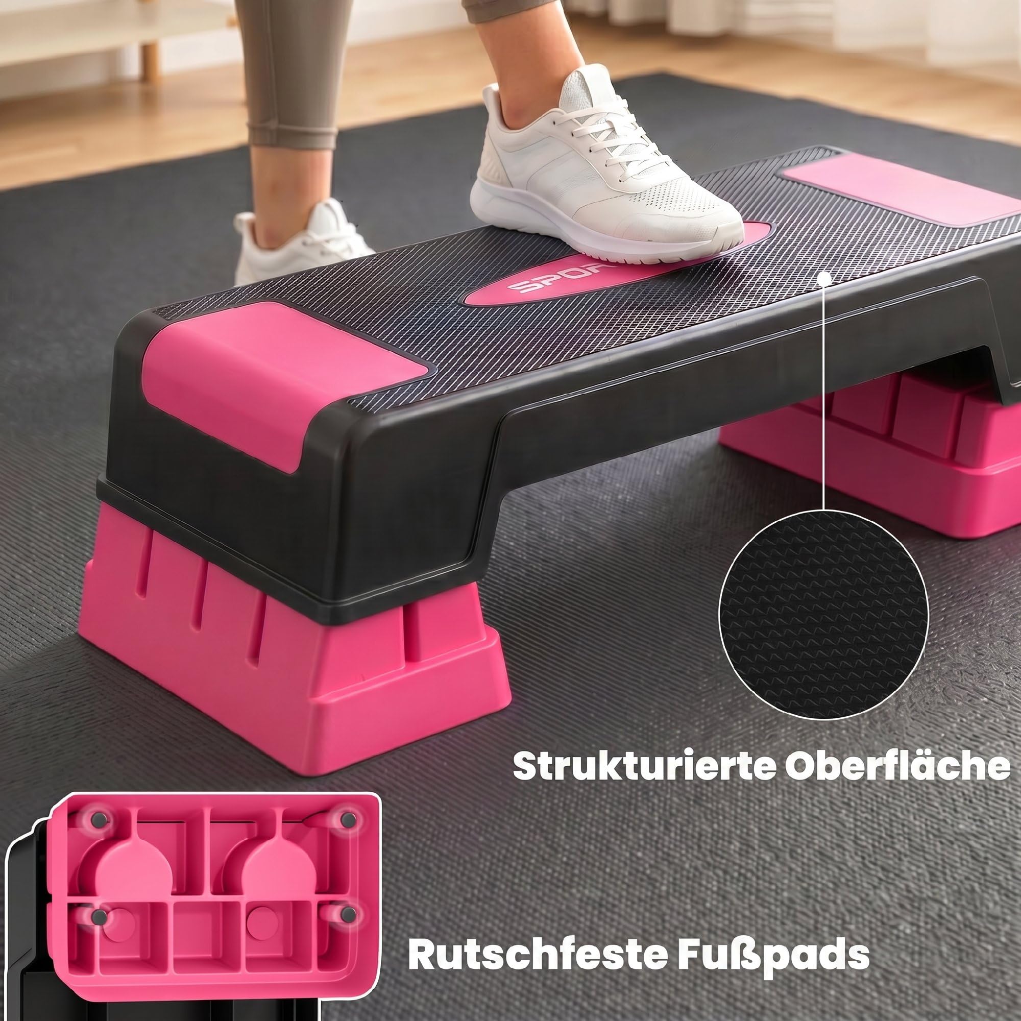 SPORTNOW Steppbrett höhenverstellbar Fitness Aerobic Stepper mit 3 Stufen (12/17,5/22,5 cm), Anti-Rutsch-Matte, Rutschfest Step Bench für Zuhause Fitnessstudio Büro Schwarz+Rosa
