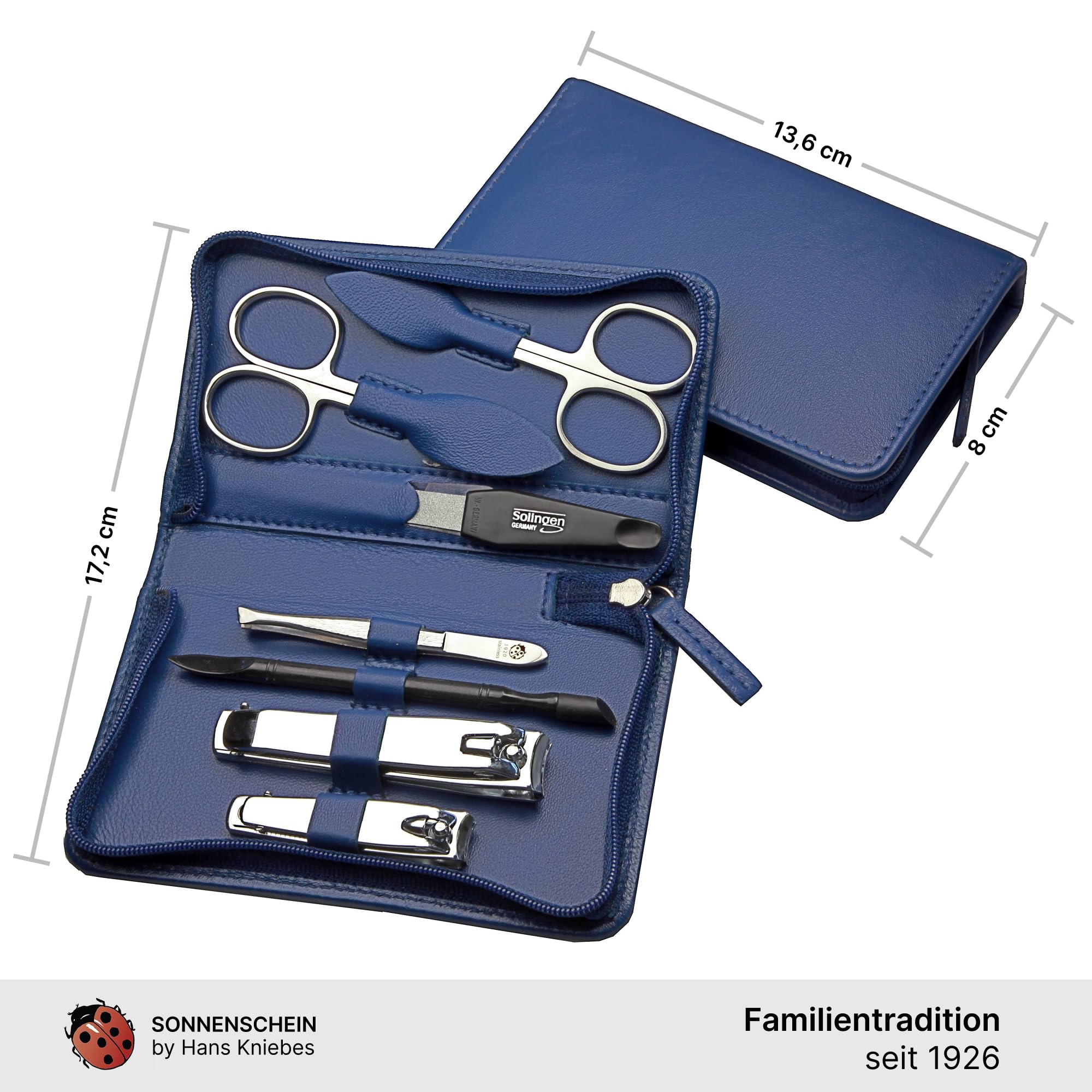 Juego de manicura de 7 piezas – Estuche con cremallera con instrumentos de acero inoxidable y acero al carbono – Juego de manicura y pedicura – Funda de piel de cordero de napa (azul cobalto)