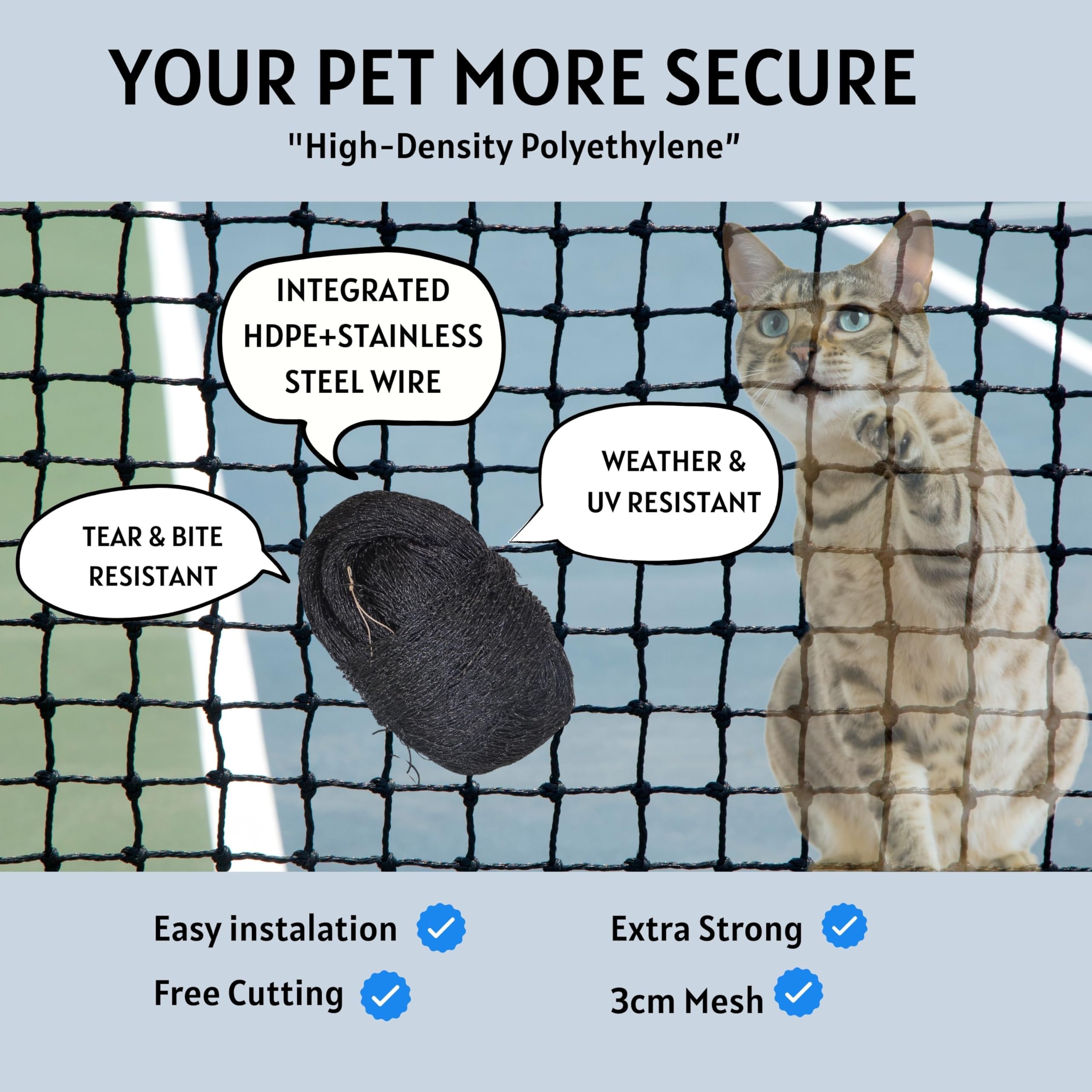 Katzennetz Balkon, Edelstahl verstärkt Bissriss UV- und witterungsbeständig Anti-Fall Netz für Haustiere, Sicherheitsnetz für Katze, kleines Catio für Wohnung Balkon Schutz (3.0x7.9m)