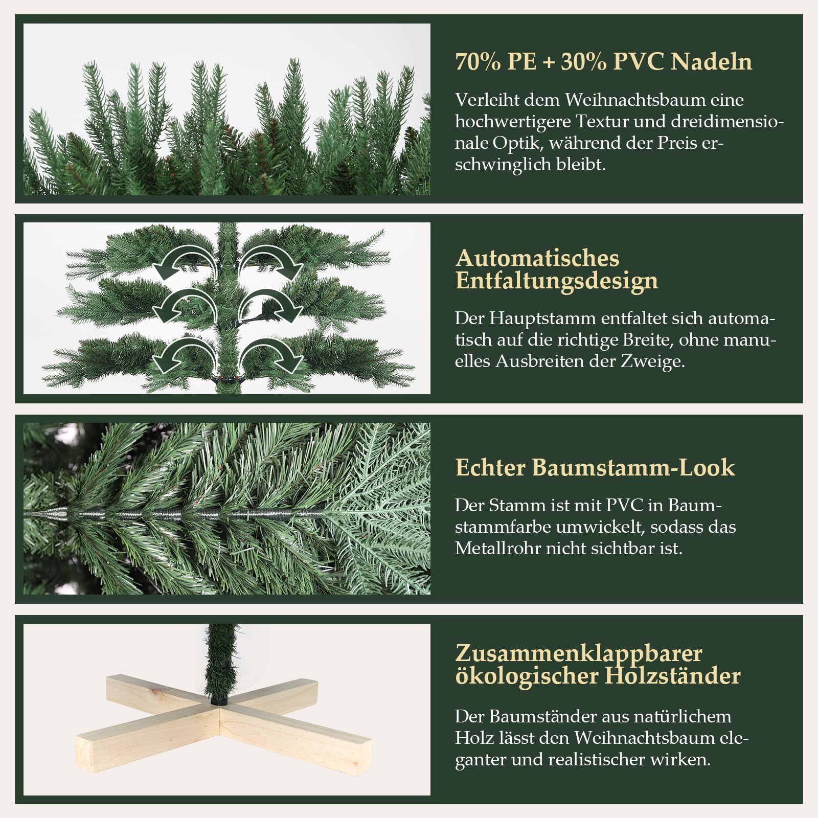 SALCAR Weihnachtsbaum künstlich 180 cm mit Holzständer, PE naturgetreue Spritzguss Elemente & PVC Nordmanntanne, 1,8 m Tannenbaum künstlich (Ø 122 cm)