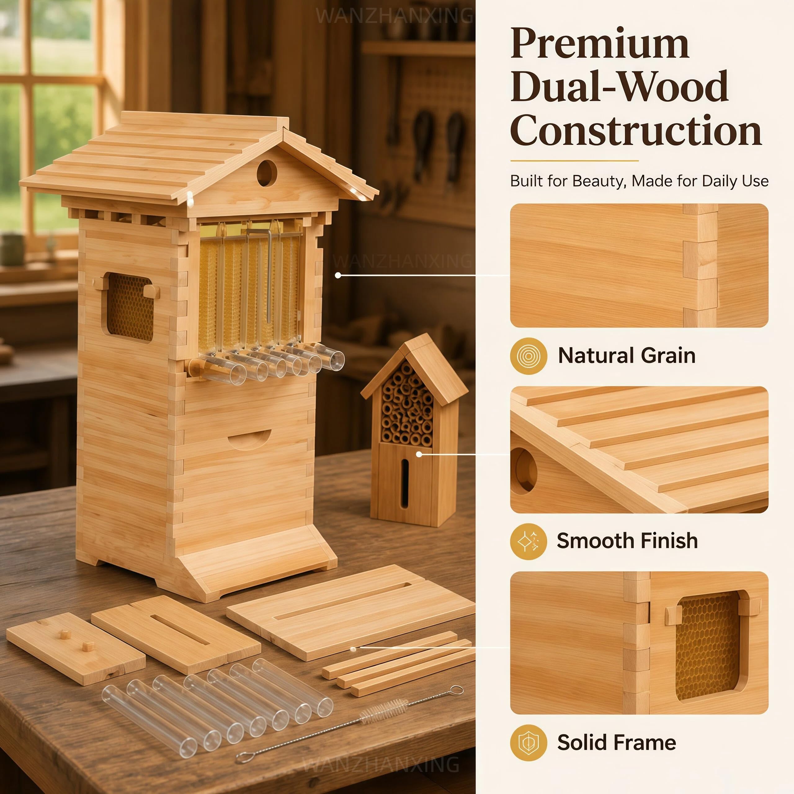 Kit Completo per Apicoltura – Arnia a Flusso Automatico in Legno con Finestra di Osservazione, Beccuccio per Miele, 7 Telaini e Vassoi Favi – Ideale per Principianti e Professionisti