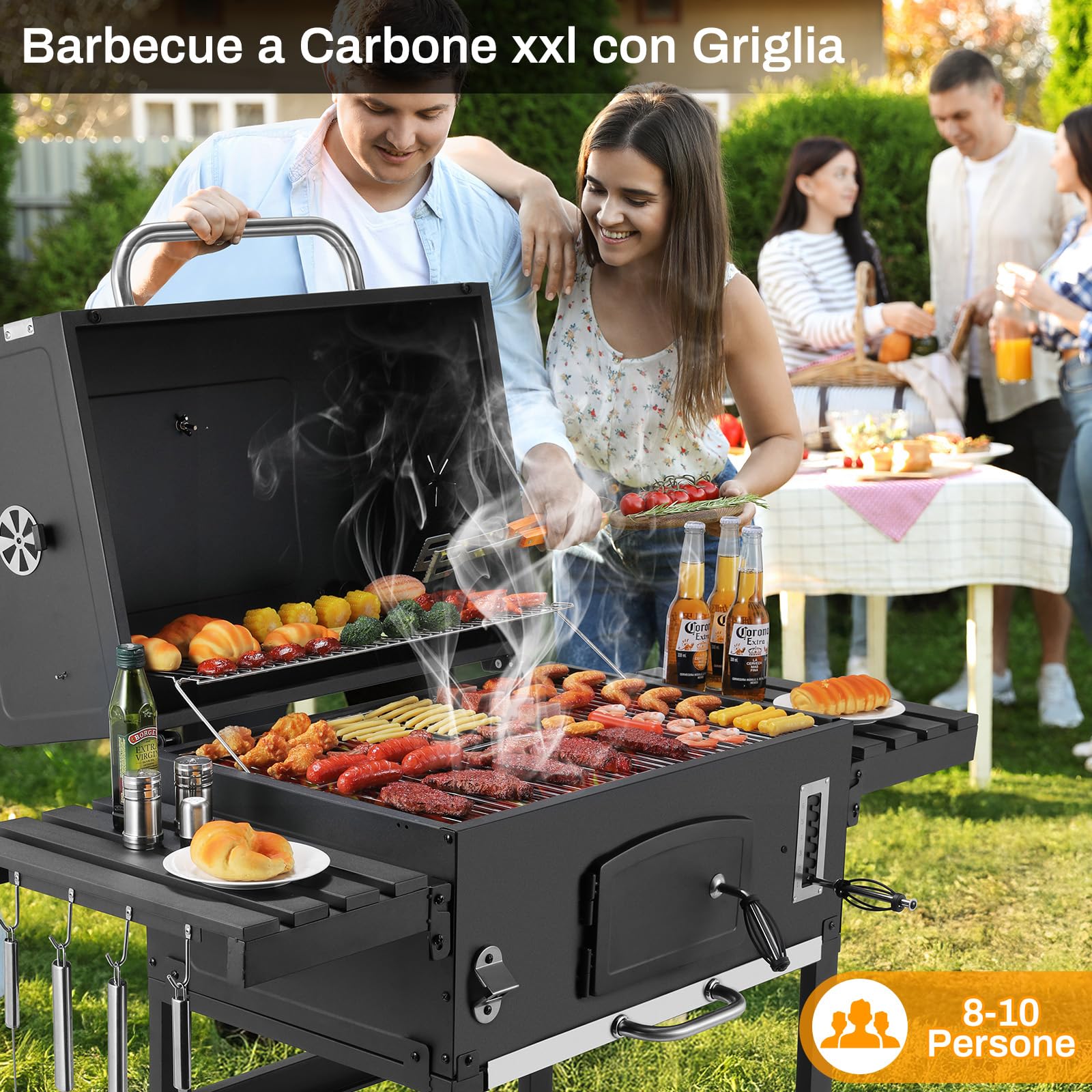 LIFERUN Barbecue a Carbonella XXL, Griglia per Barbecue con Camino e Coperchio, con Termometro e 2PCS Ruotes, Altezza Regolabile, Grande BBQ Smoker per Giardino, Campeggio