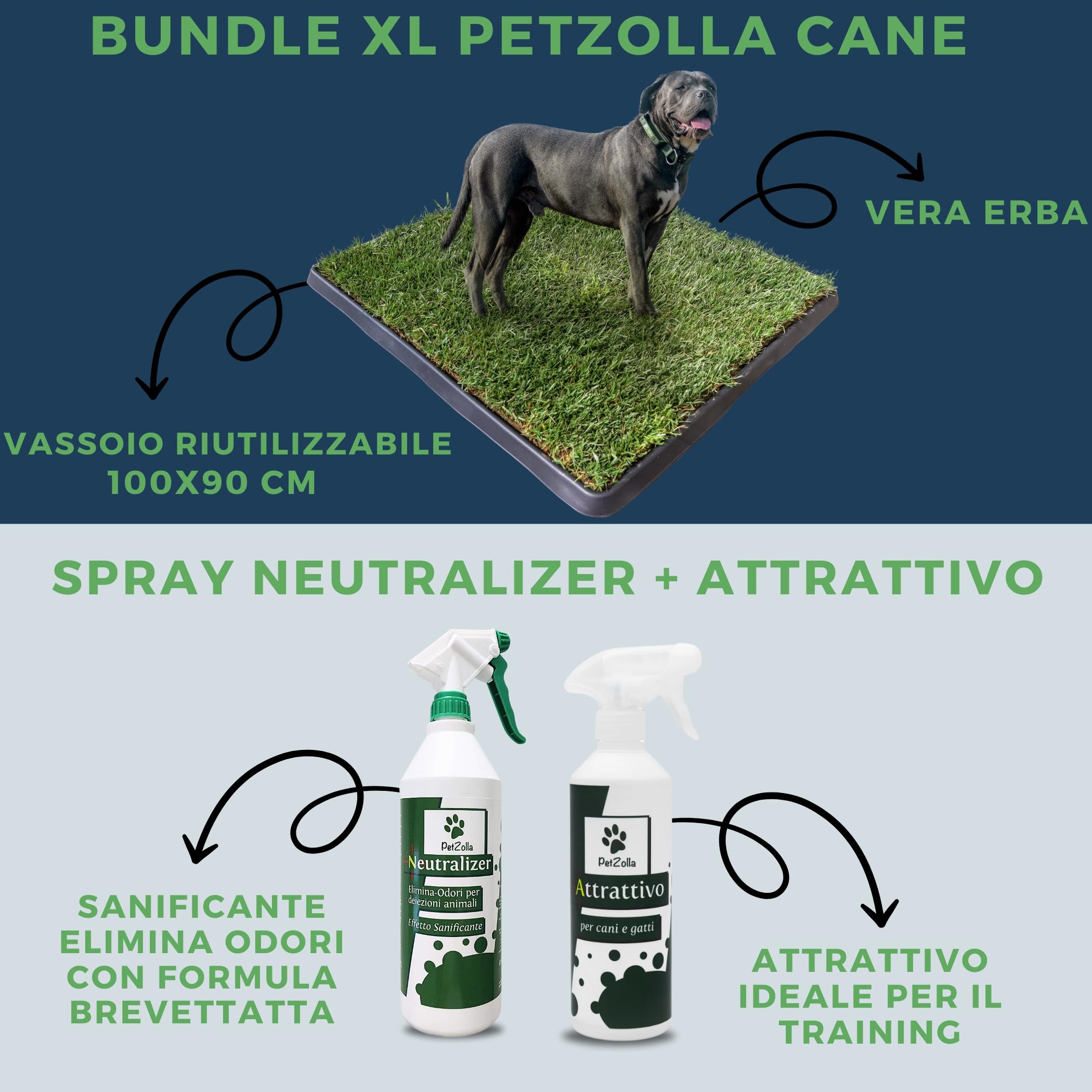 Pack 4 - XL - PetZolla: Prato Vero con Vassoio 100X90 cm, Spray Neutralizzatore e Attrattivo – Cuccia per cane. Lettiera Naturale per Cani. Alternativa Ecologica a Traversine e Tappetini per Pipì