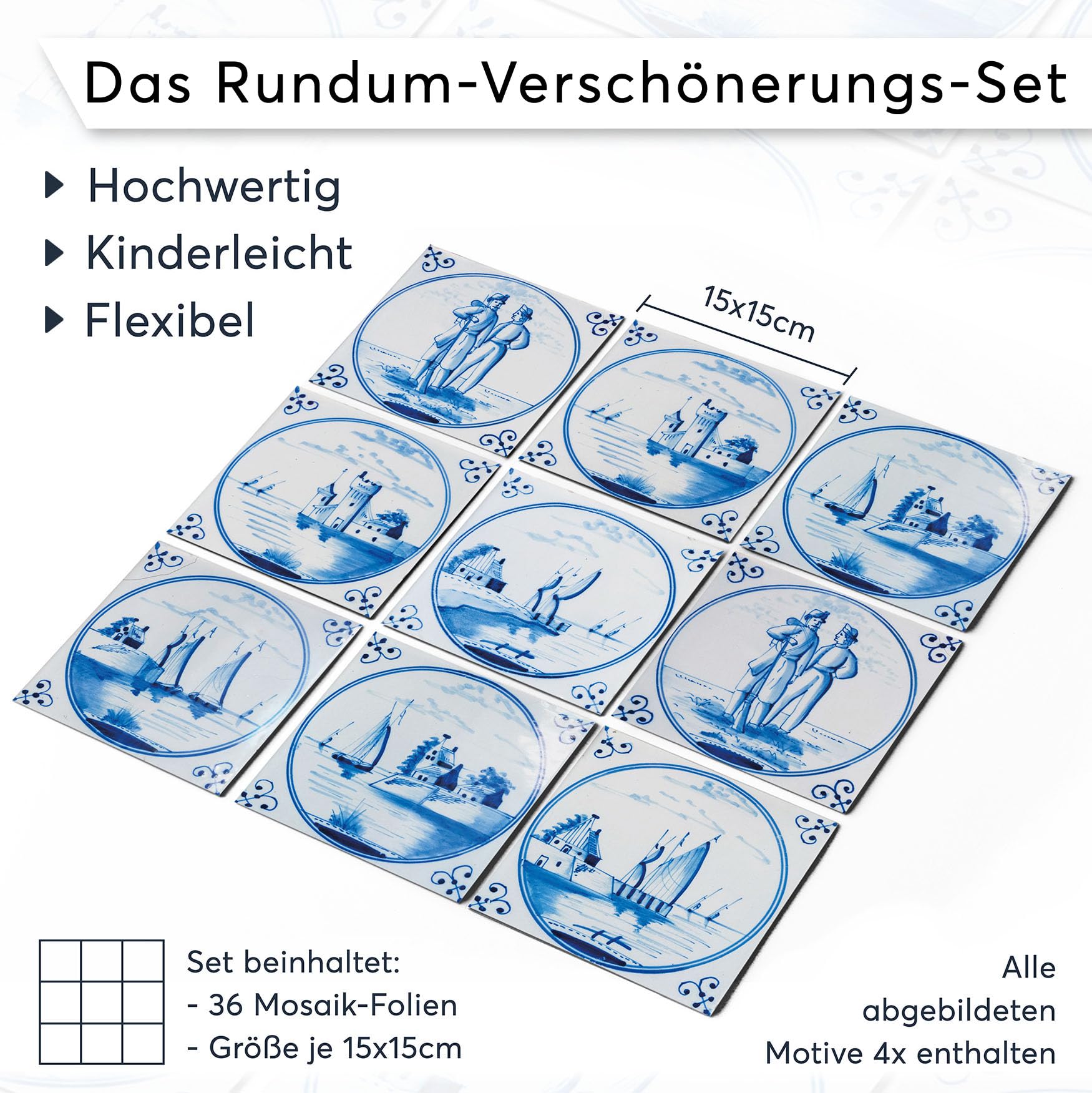 Fliesen-Folie I Dekorative Fliesensticker für Küche, Bad und Fliesenspiegel - Selbstklebende Fliesen Folie zum Renovieren von Wandfliesen I 15x15 cm - Motiv Holländische Fliese - 36 Stück