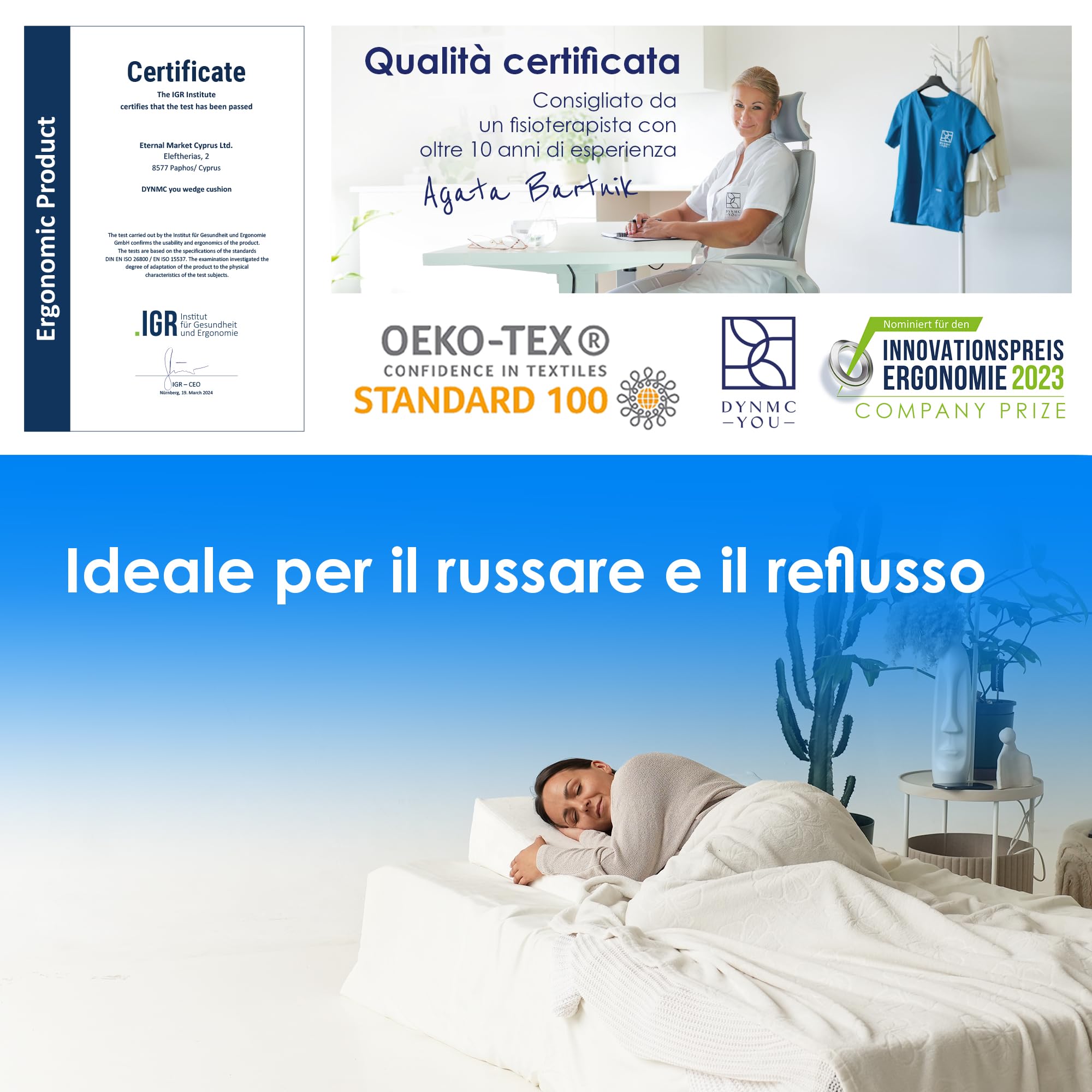 DYNMC you Cuscino a cuneo per letto e divano - Cuscino ergonomico di sostegno per il sonno e la schiena - cuneo da 80 cm per testiera, gambe o seduta, cuscino comfort per adulti (Bianco, 80 cm)