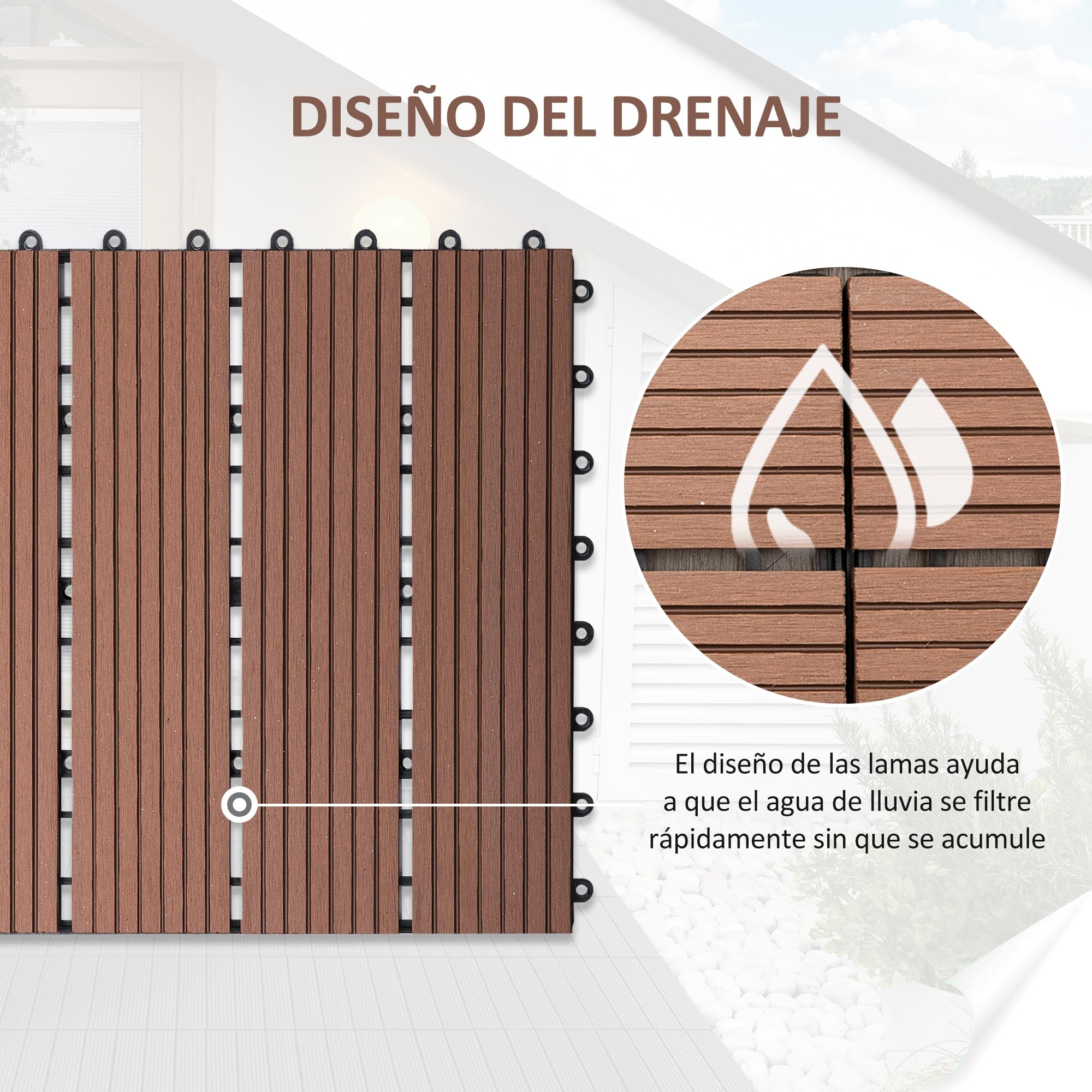 Outsunny Set de 11 Piezas Baldosas de Exterior 30x30 cm 1 m² Suelo de Jardín Exterior Antideslizantes y Resistentes al Clima de Fácil Instalación para Jardín Terraza Balcón Marrón