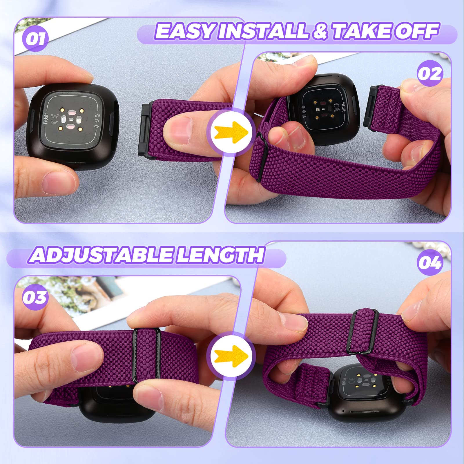 6-Pack Elastic Nylon Bands For Fitbit Versa 4 / Sense 2 / Versa 3 / Sense - Adjustable Replacement Straps For Men & Women