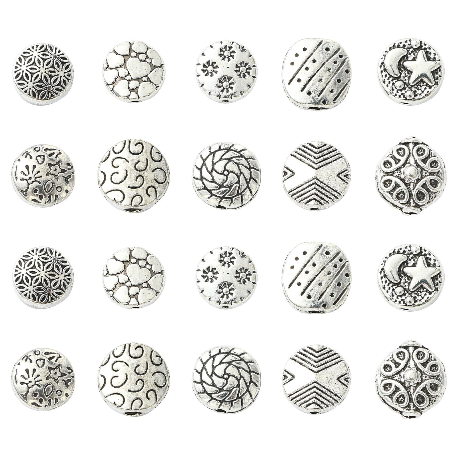 UR URLIFEHALL 100 Pcs 10 Styles Tibetan Flat Round Beads Antique Silver Heart Flower Star Beads for Bracelet Necklace Jewellery Craft Making