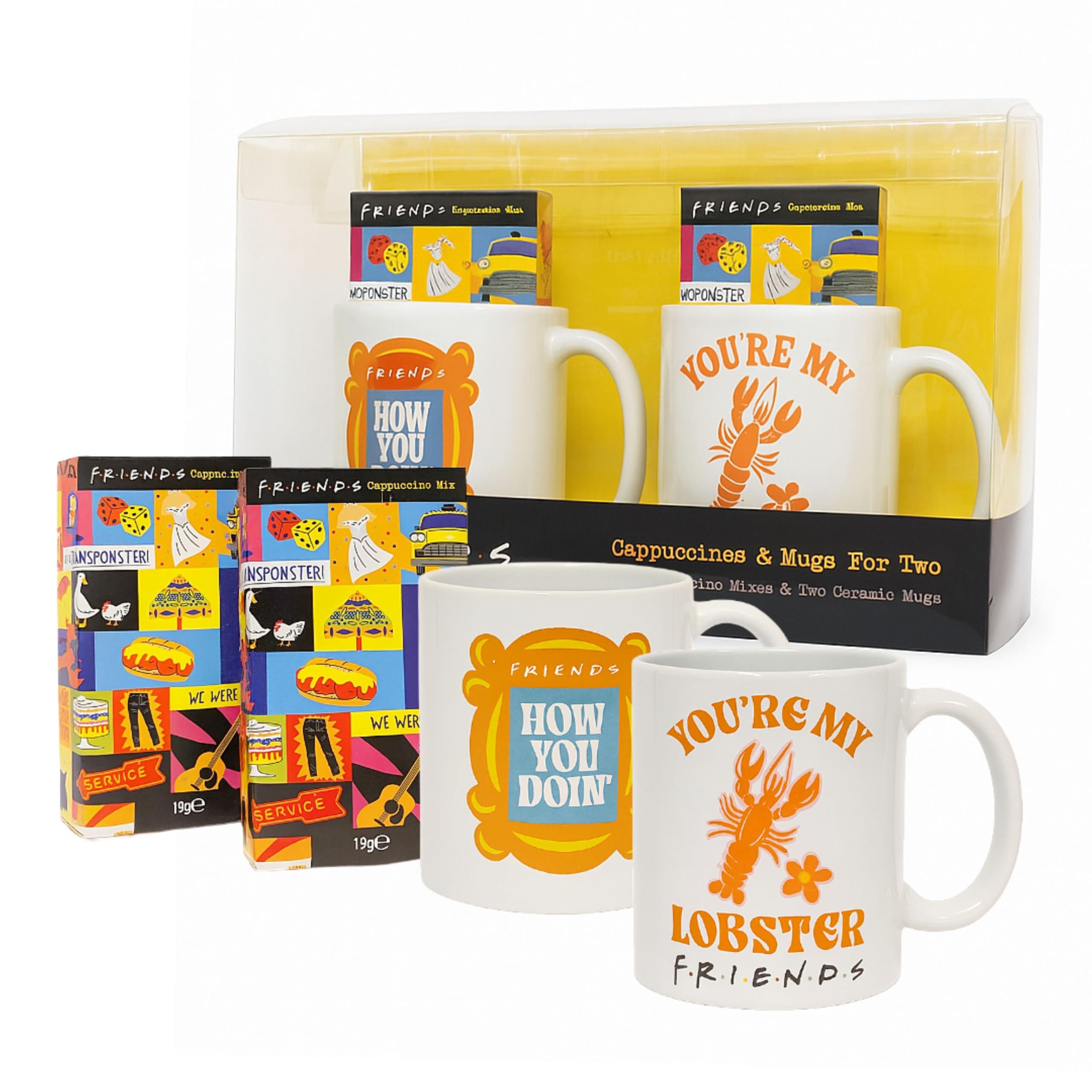 Blue Tree Mugs & Cappuccino Friends Gifts for Women - Two Cappuccino Sachets Mix 19g & Two 11oz Playful Ceramic Mugs. Friends TV Show Gifts for Stocking Fillers, Christmas Gift, for Movie Lovers