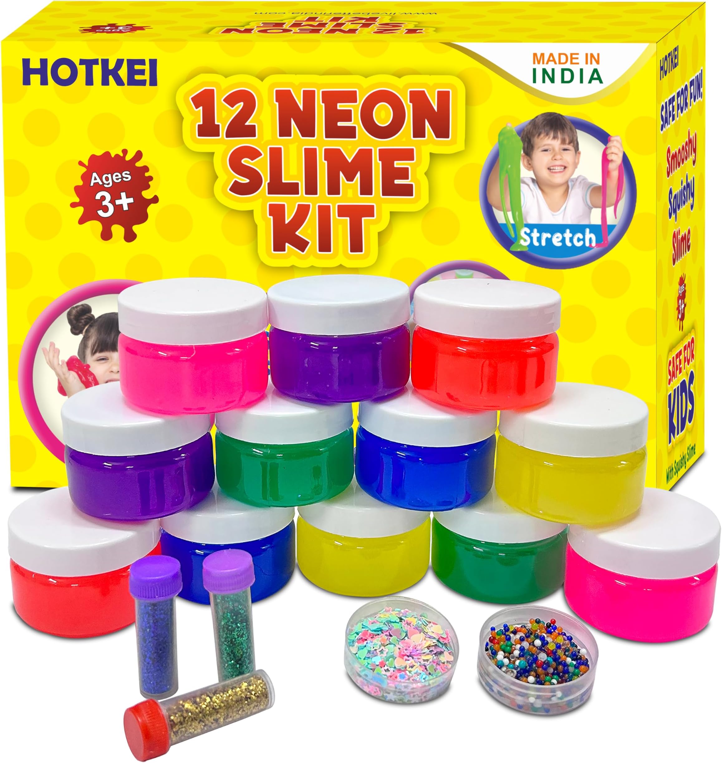 HOTKEI 12 Neon Slime DIY Neon Colored Fruit Scented Slimy Slime Gel Jelly Set Kit Air Dry Magical Crystal Clay Putty Toy Kit for Girls Boys Kids with Glitter, Stars, Color Beads