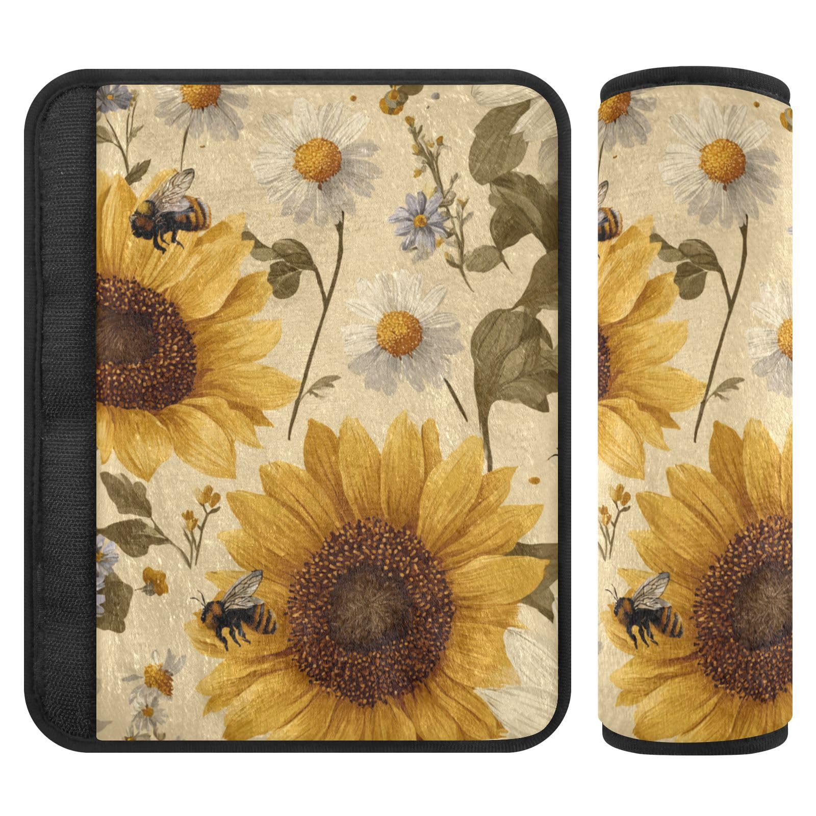 Beige Sunflowers and Daisy Bees Seat Belt Cover Pad 2 Pcs Soft Cute Seatbelt Covers Protector Support Head Neck Shoulder Strap for Car Seats High Chair Backpack for Adults Kids Women Men 6.5x6.