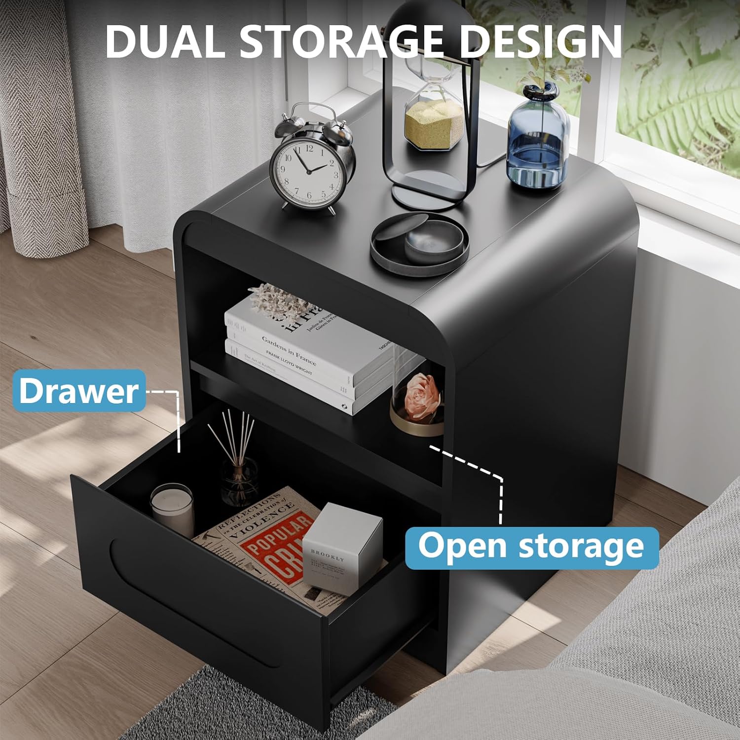 Black Nightstand Set of 2, Nightstand with Drawers, 22" Modern Nightstands Bed Side Table Large Bedside Stand 18" Wide End Table for Bedroom Sofa Office,Curved Profile Design