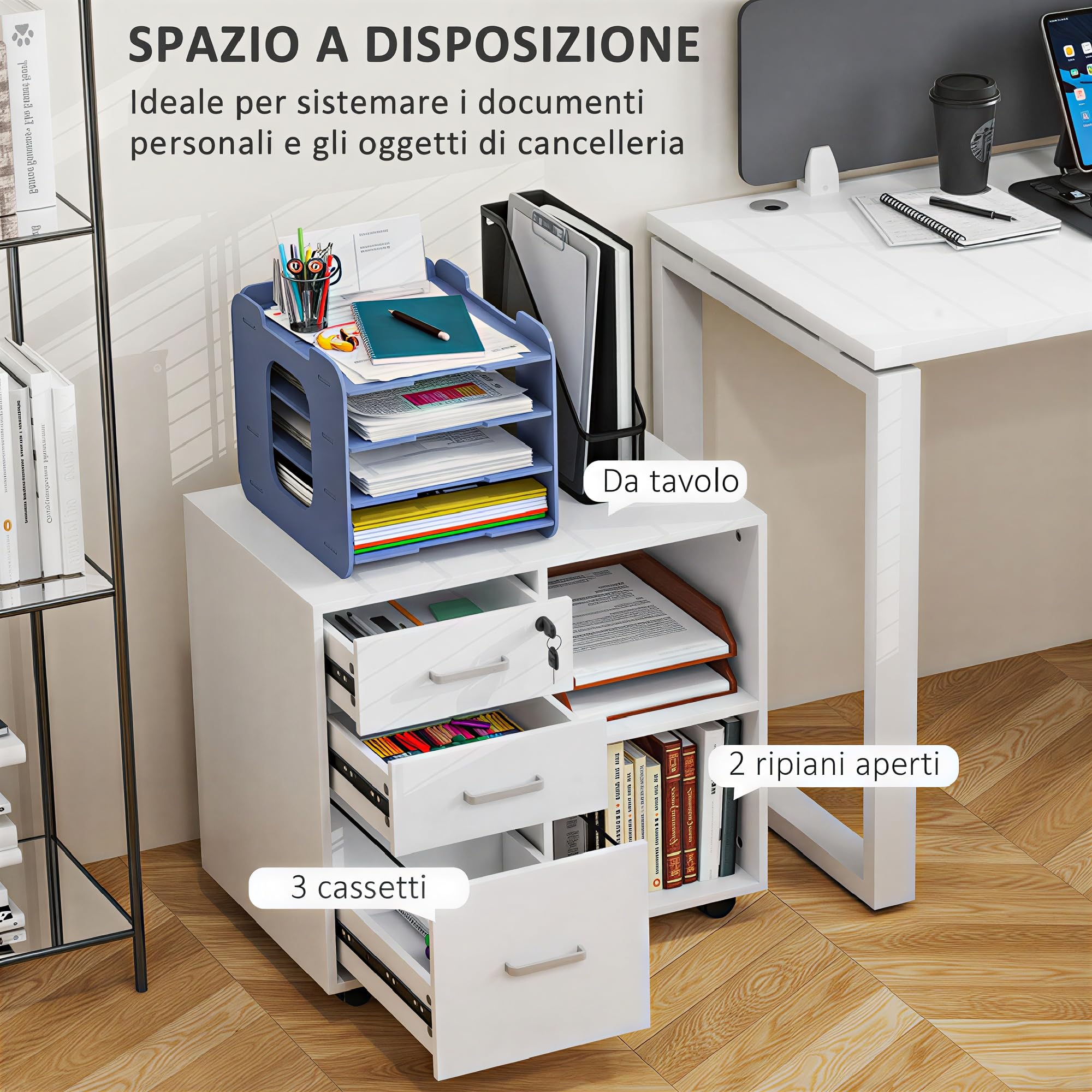 HOMCOM Cassettiera Ufficio Portadocumenti 3 Cassetti 60x40x56 cm Bianco | Serratura, Mobile Ufficio in Legno con Ruote, 2 Vani, Cassetto con Chiavi, per Studio