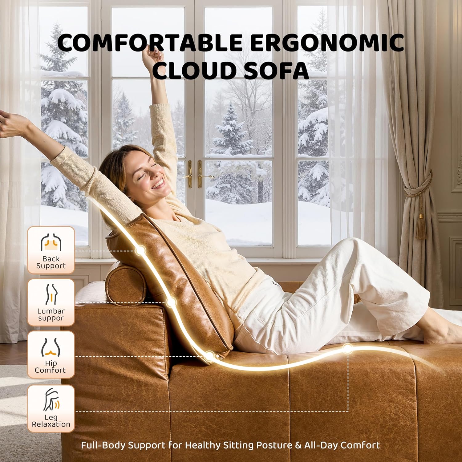 115″ Modular Sectional Sofa, L-Shaped Chaise Lounge Cloud Couch with Ultra-Wide Armrests & Deep Seat, Soft Leather Boneless Couches for Living Room, No Assembly Required, Brown