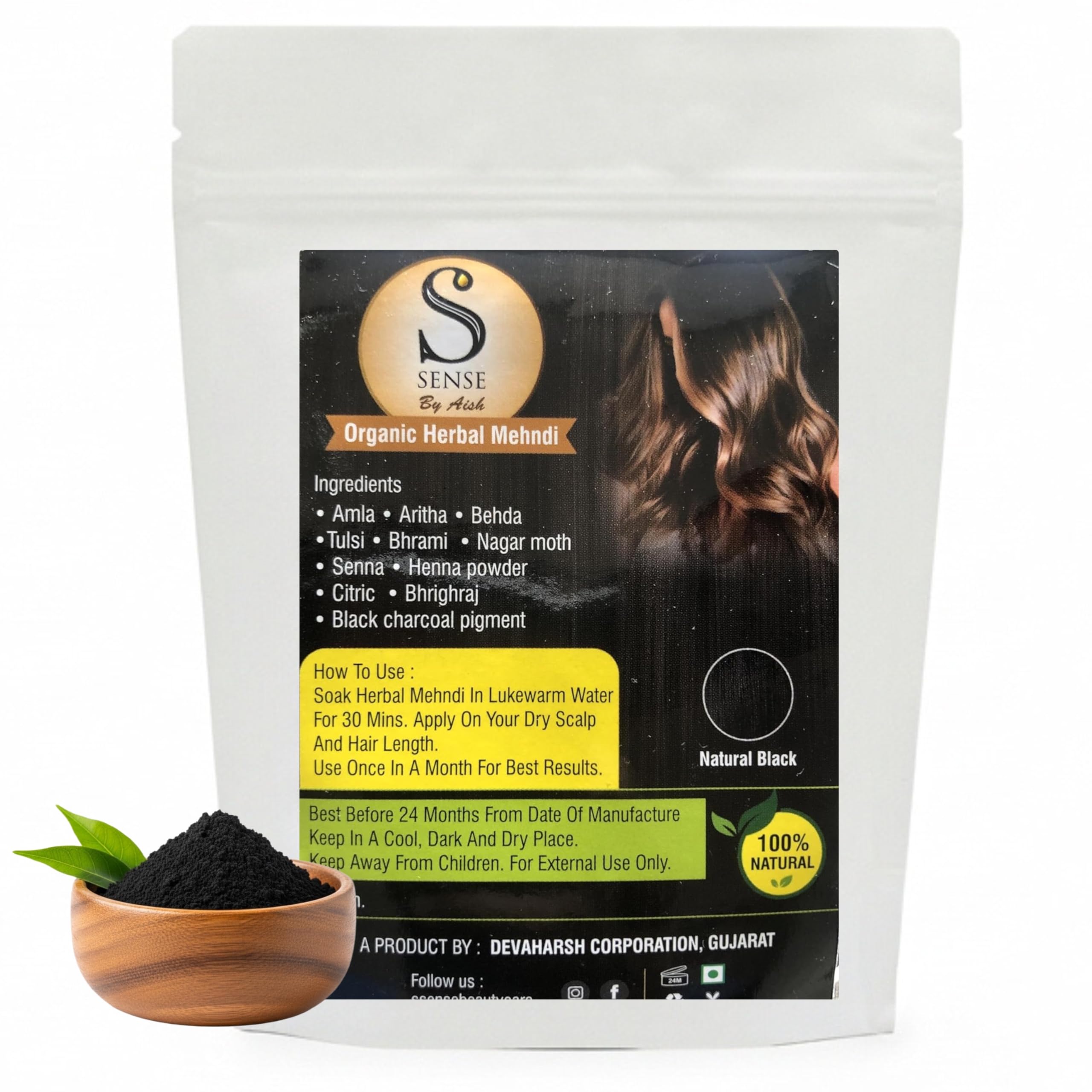 Ssense by Aish Organic Herbal Henna, Natural Black Mehndi with Amla, Aritha, Behda, Tulsi, Bhrahmi, Bhrighraj, Long-Lasting Color, Deep Root-to-Tip Coverage, Unisex, Healthy Shine-picture-48
