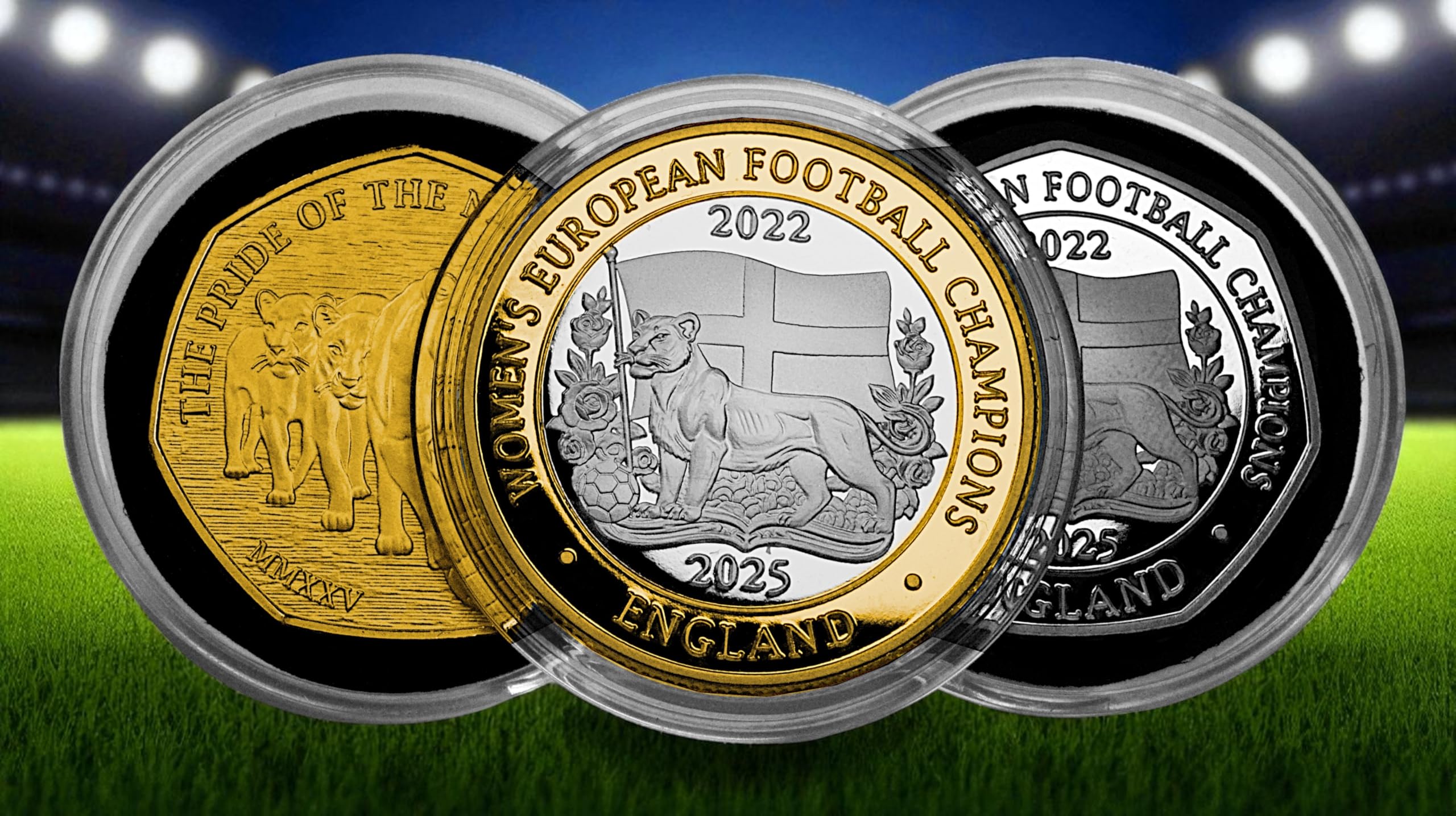 The Commemorative Coin Company Women's Silver & Gold Trio Of England Football Commemoratives. 24Ct Gold And Silver. 2022 2025. European Champions Lioness/Lionesses