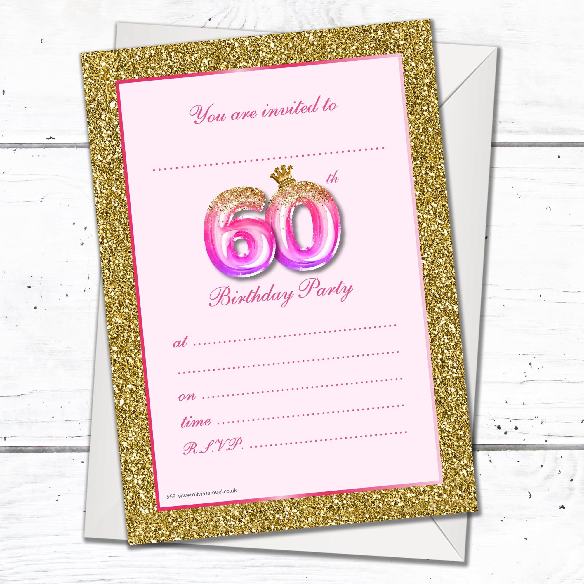 Olivia Samuel Paquete de 20 invitaciones de 60 cumpleaños con sobres, efecto rosa y dorado, listas para escribir, diseñadas e impresas en el Reino Unido