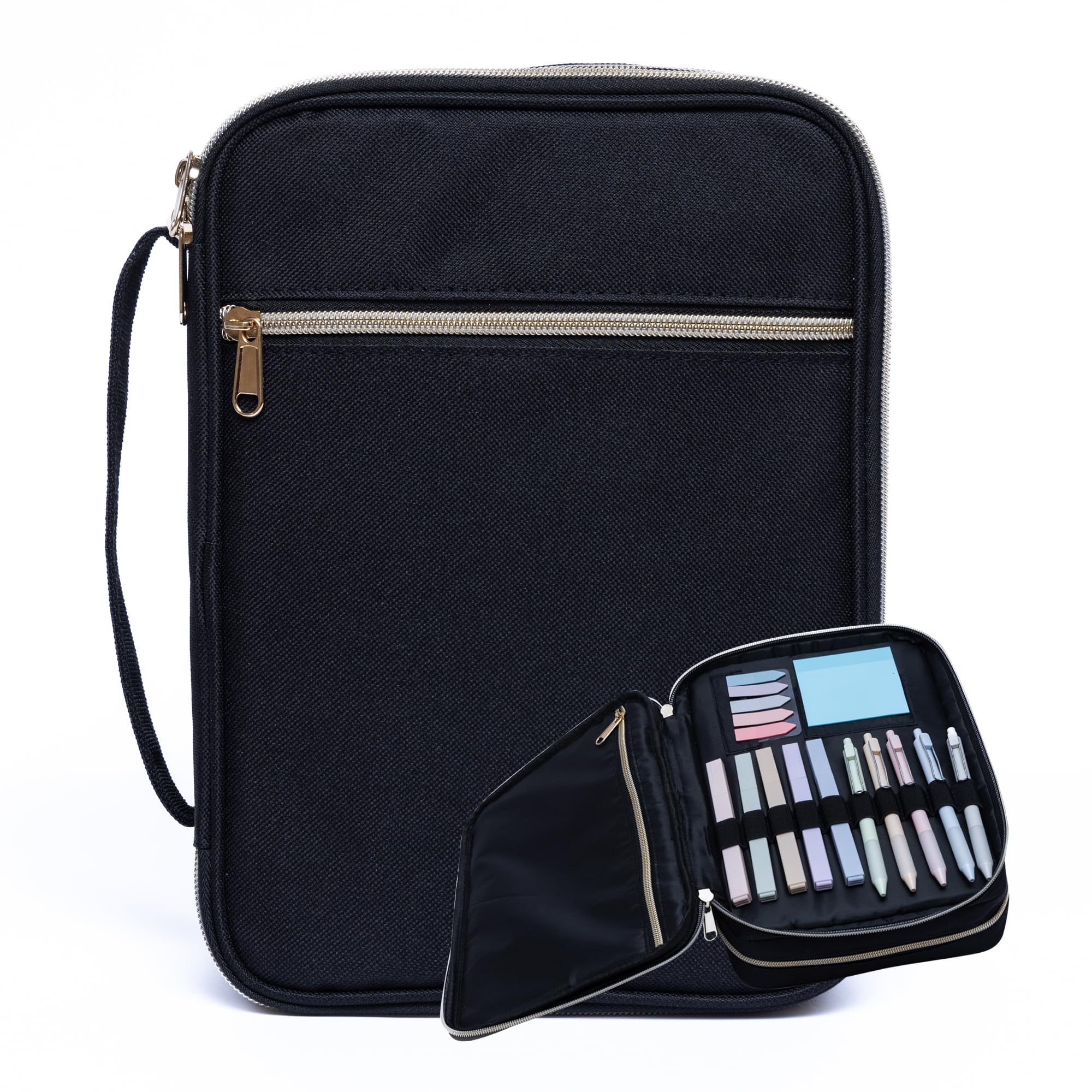 S.F. Creations Premium Bible & Book Carrying Case with Journaling Accessories - Convenient for Men, Women, Teens, and Kids (Black/Gold)