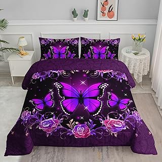 Axolotl Butterfly Comforter Set Full Size,Purple Flowers Floral Print Bedding Set with 1 Comforter 2 Pillowcases for Women Kids Boys Girls Teens Adults Room Decor All Season