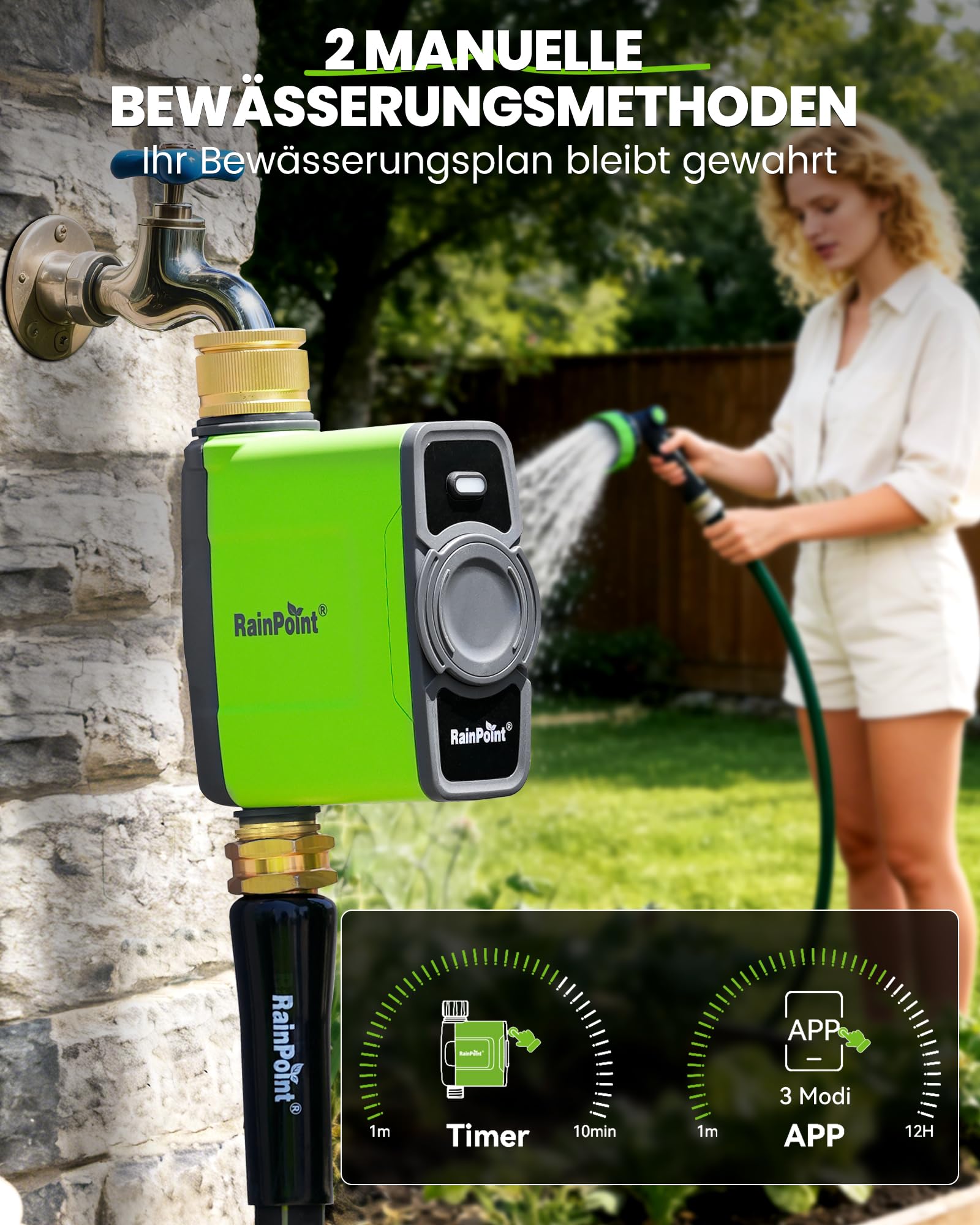 RAINPOINT Bewässerungscomputer WLAN mit Messing Einlass und Auslass, Smart Bewässerungssteuerung, APP/Sprachsteuerung, Wetterbasiert, Automatisches Bewässerung für Garten Rasen, 6 Zeitplänen