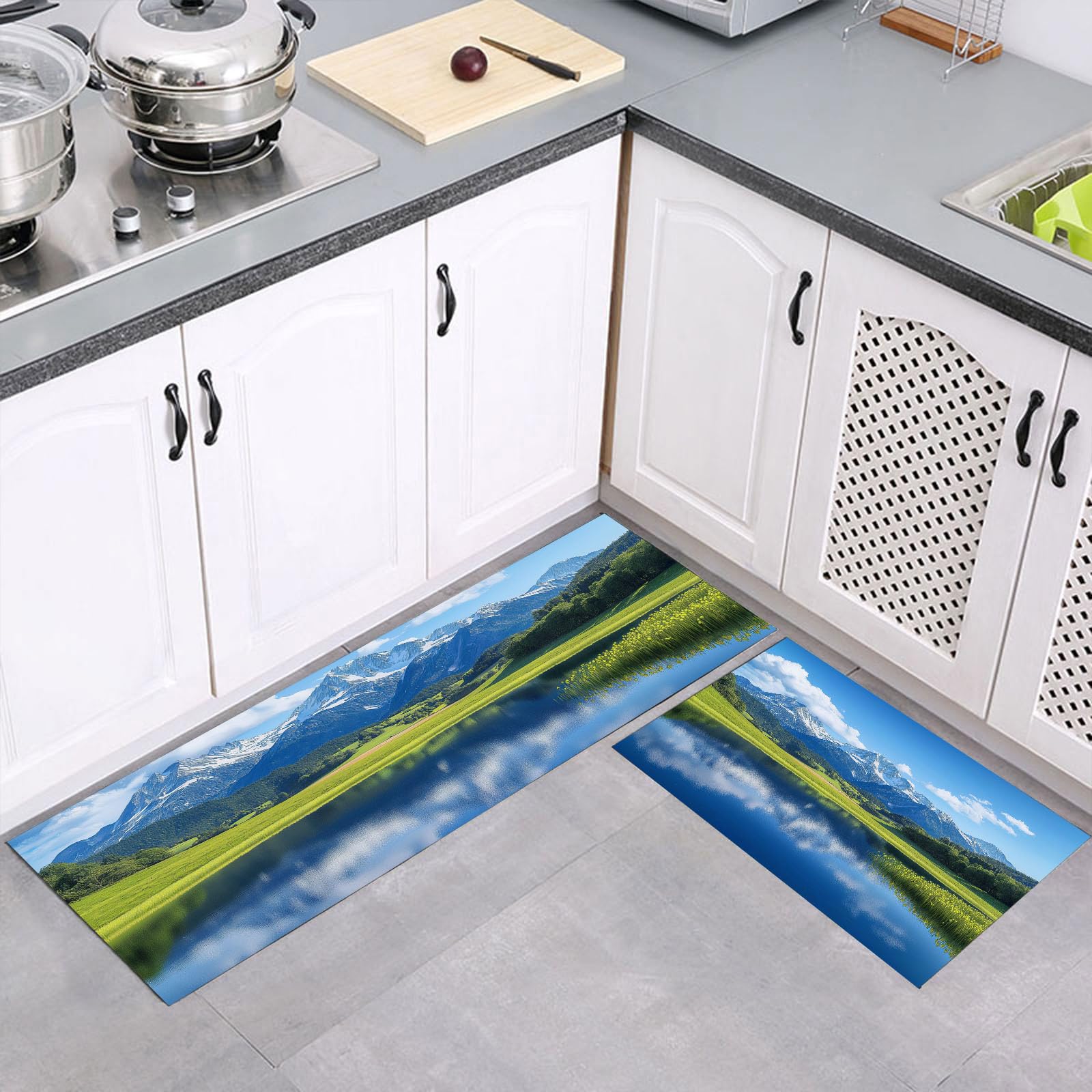 Alfombras de cocina de 43x75 y 43x150 cm con estampado de paisaje y azul profundo