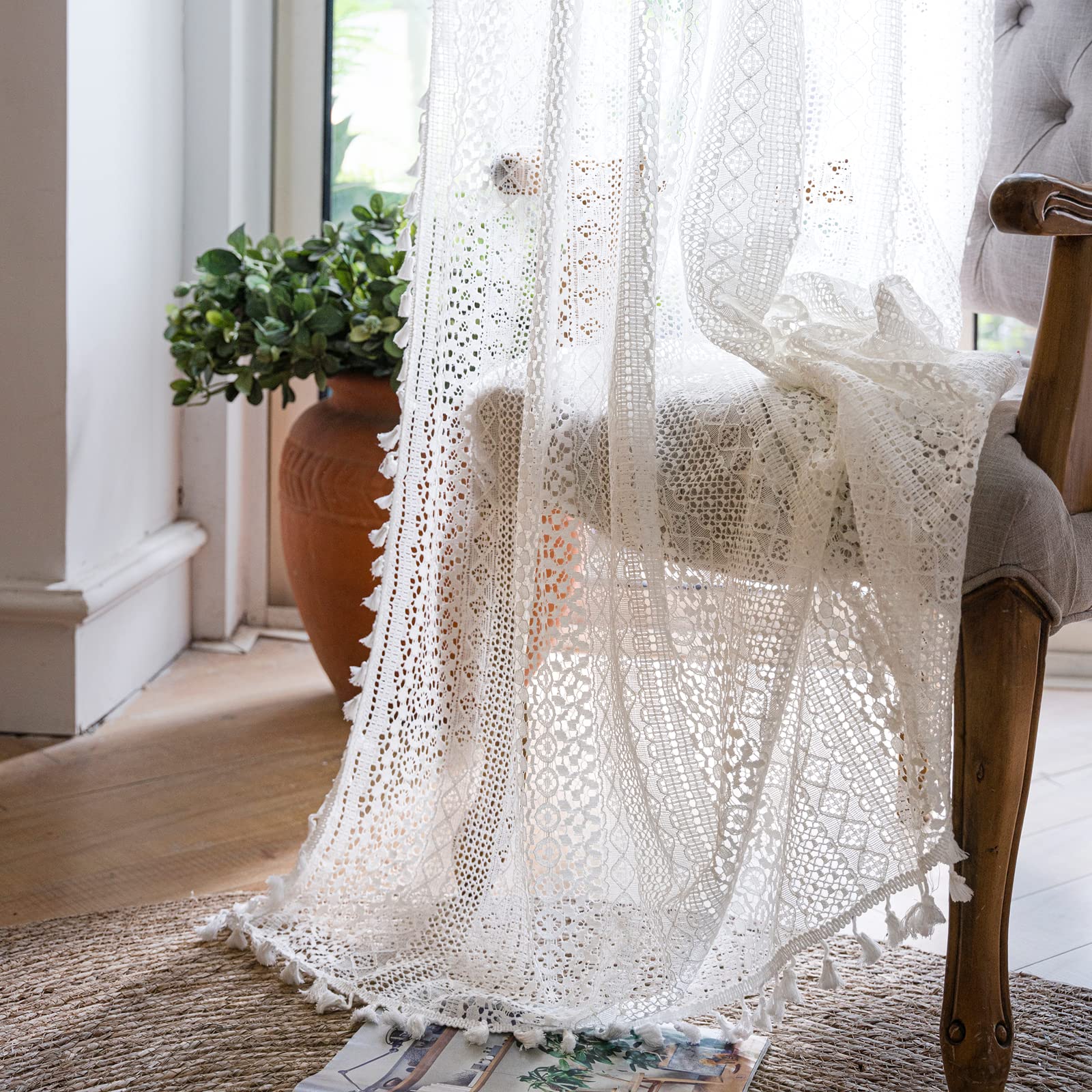 WAZZIO Cotton Crochet Curtains Semi Sheer 45 Inch Length Rod Pocket Farmhouse Privacy Lace Curtain Tassel Bohemian Style Short Curtains for Bedroom Living Room Broken — image 1