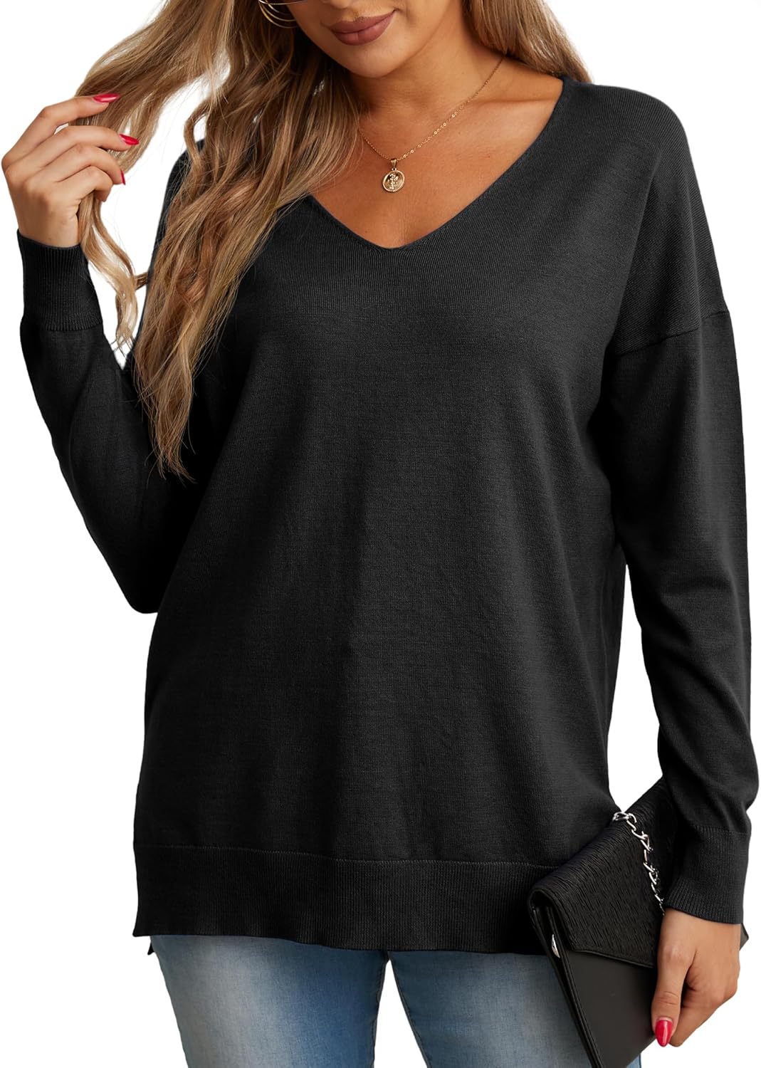 GRECERELLE Women's V-Neck Long Sleeve Side Split Loose Casual Knit Pullover Sweater Blouse - Image 2