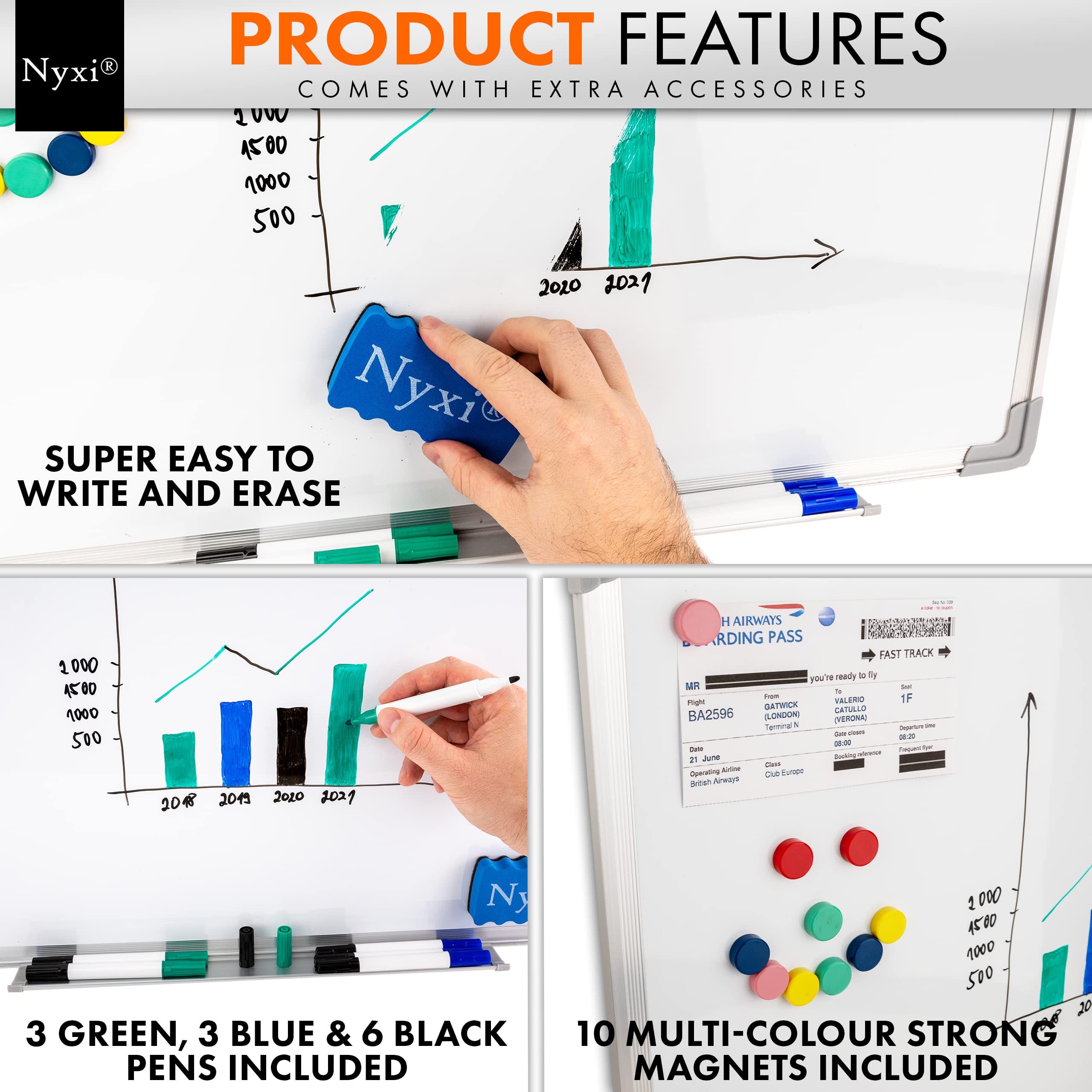 NTEK Magnetic Whiteboard For Wall, Dry Erase White Board, Aluminium Frame & Pen Tray Dry-Wipe Writing Surface For School, Home And Office (60X40 CM - View #5