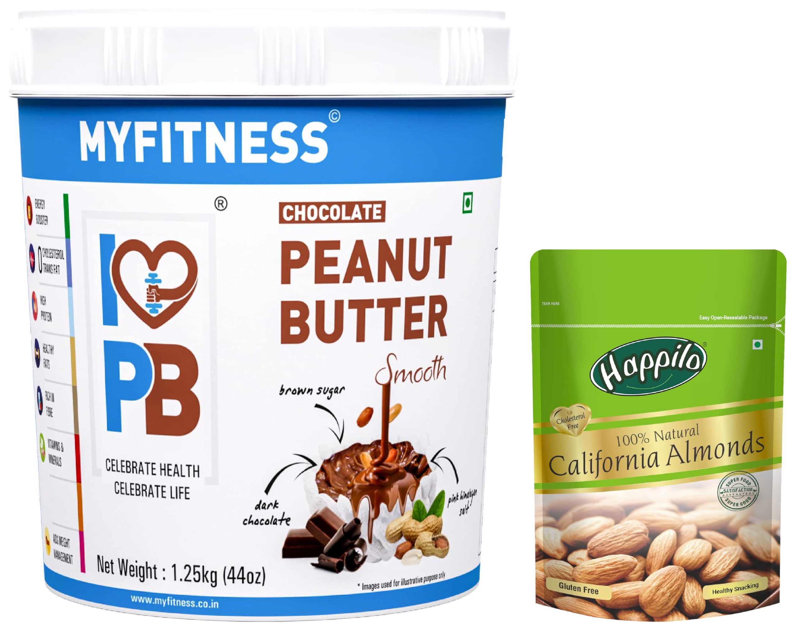 MYFITNESS Chocolate Peanut Butter Smooth 1250g | 22g Protein & Happilo 100% Natural Premium Californian Almonds, 200g