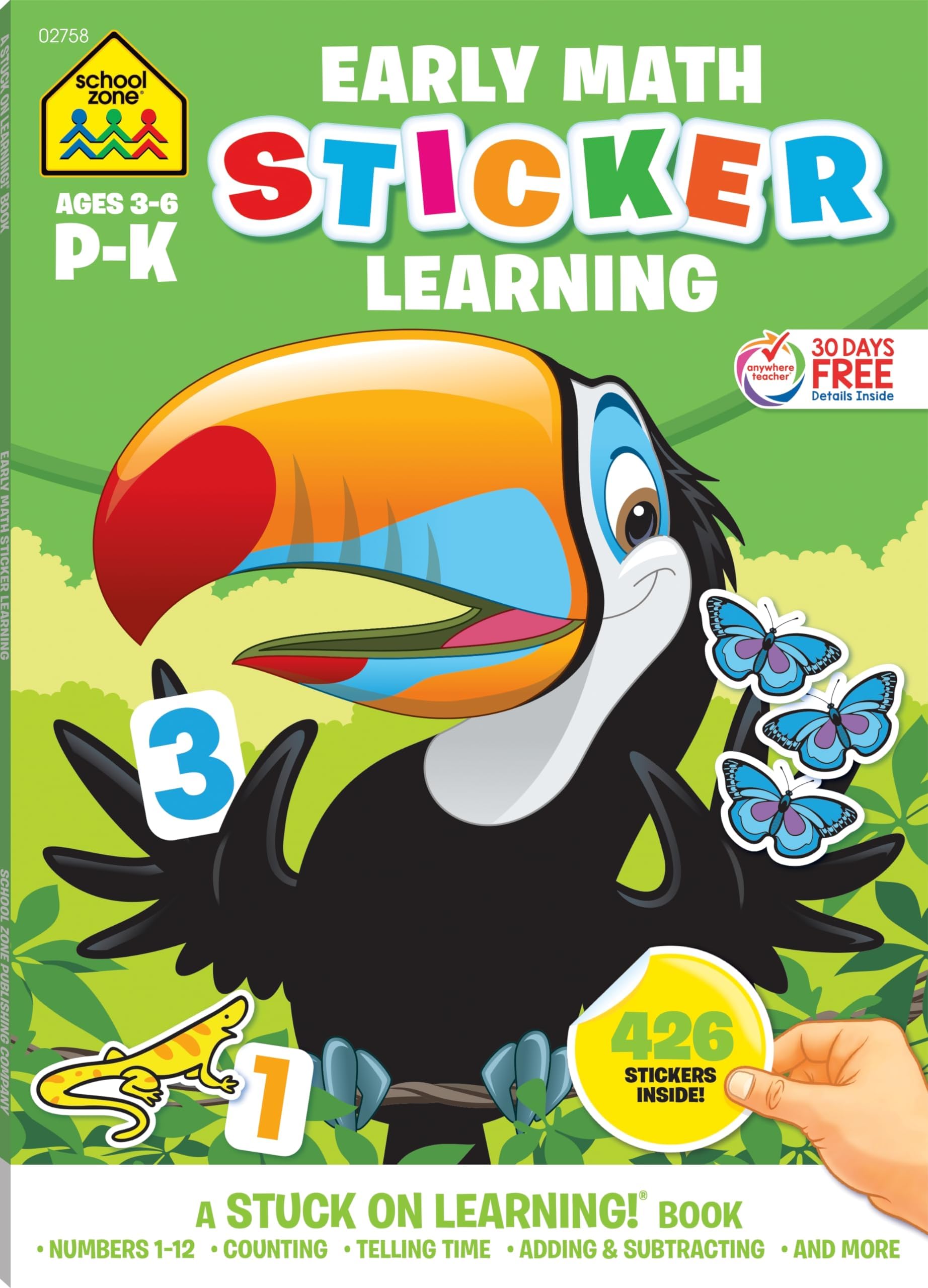 School Zone Early Math Sticker Learning Workbook: 64 Pages, Preschool, Kindergarten, 426 Stickers, Counting, Numbers 1-12, Telling Time, Ages 3 to 6 (Stuck on Learning! Book Series)