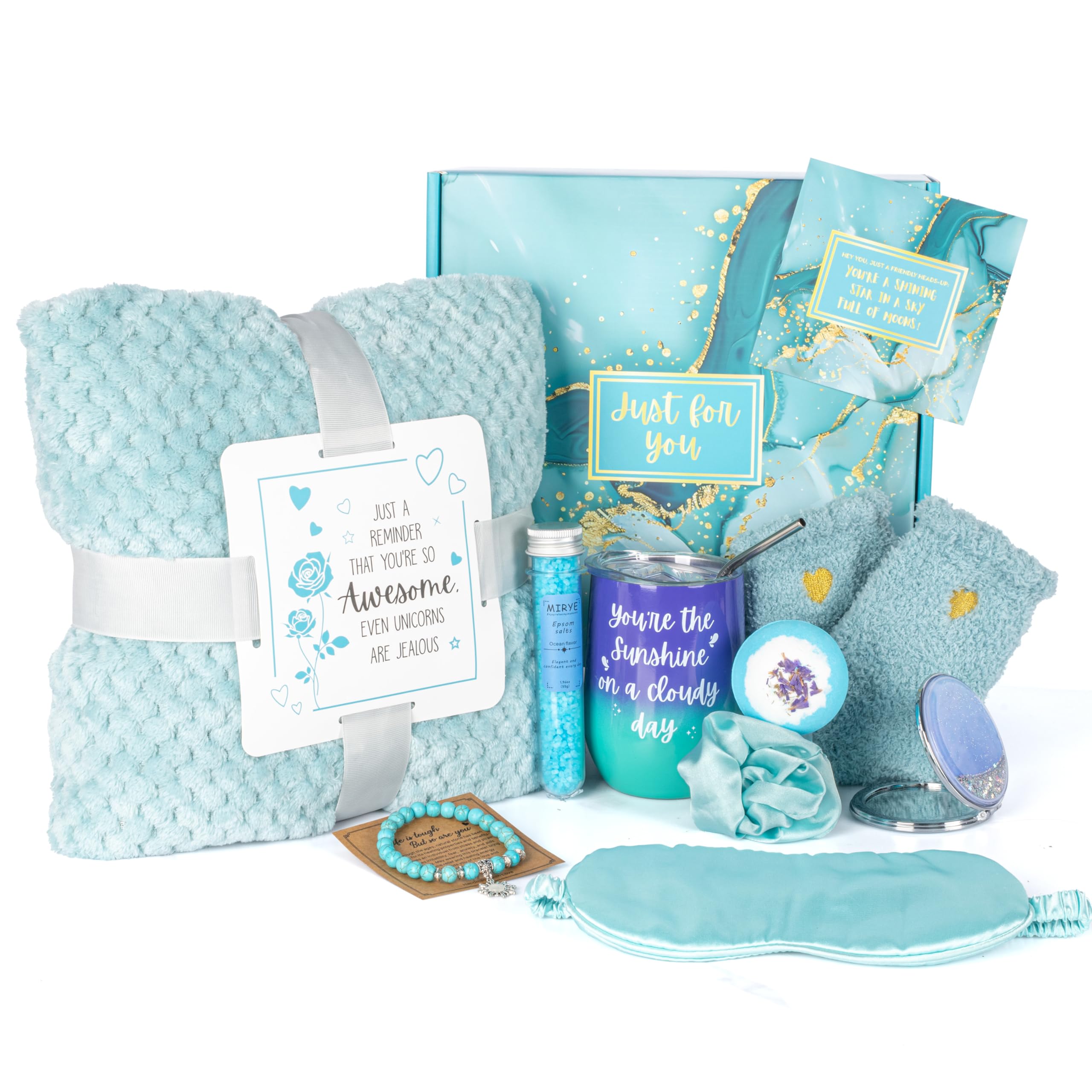 Self Care Gift Set for Women - With Bracelet, Spa Goods, Eye Mask, Blanket, Cup, Hair Tie, Socks, Mirror & Card - Unique Wellness, Birthday Gift Care Package - Get well soon gift baskets for women