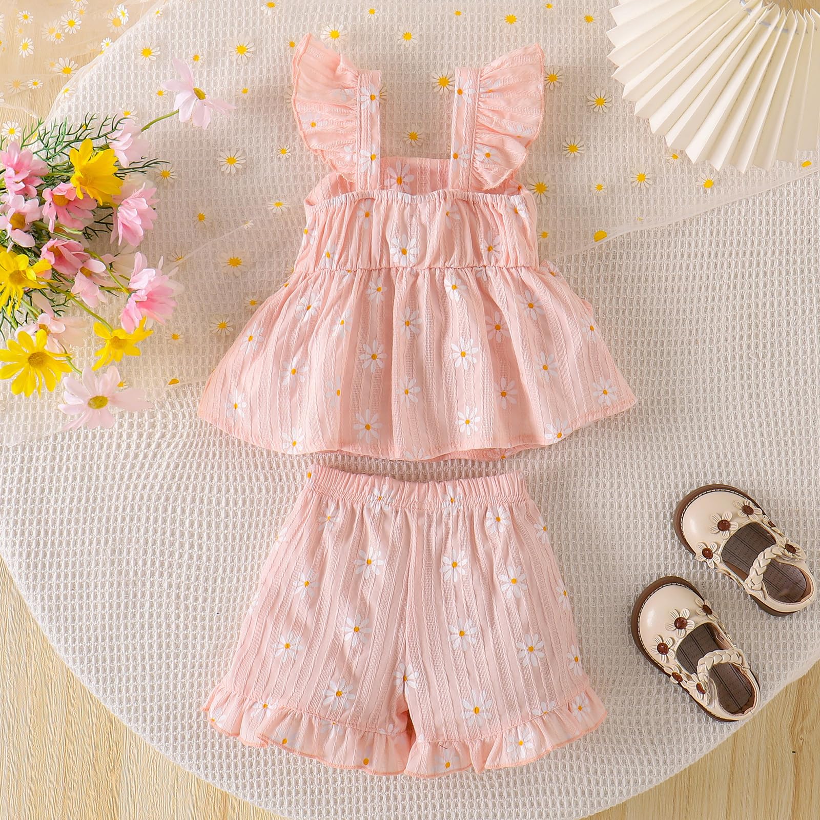 Ropa Verano Para Niña Linda Blusa con Volantes y Margaritas Pantalones Cortos Conjunto de Conjuntos Para Niña Pequeña - 2