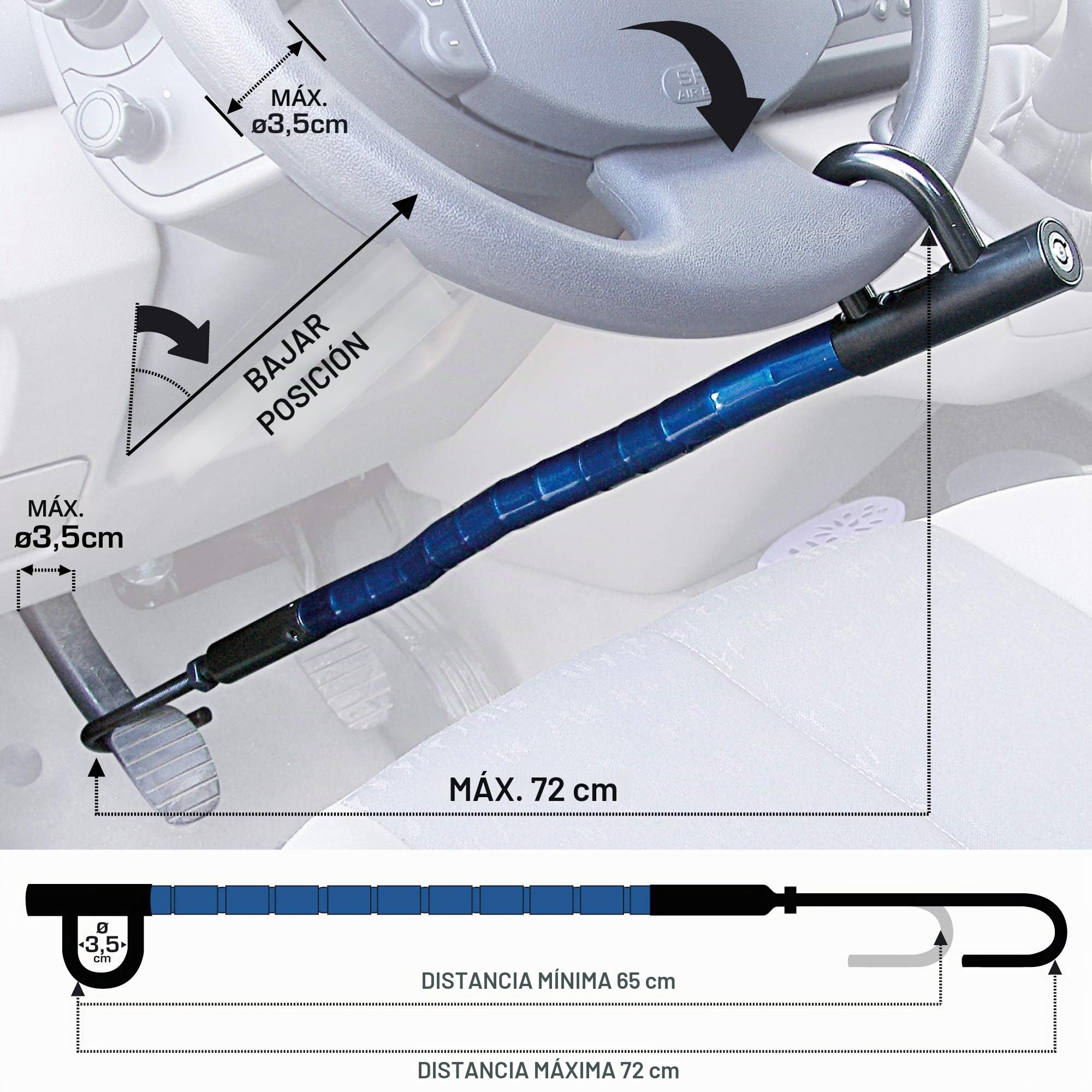 905/B Antirrobo Coche Volante Pedal Flexible, Cable de Acero Articulado, Ajustable Alta seguridad, Bloqueo Inmovilizador Antirobo Freno Embrague para Auto, Furgoneta, Caravana Camper