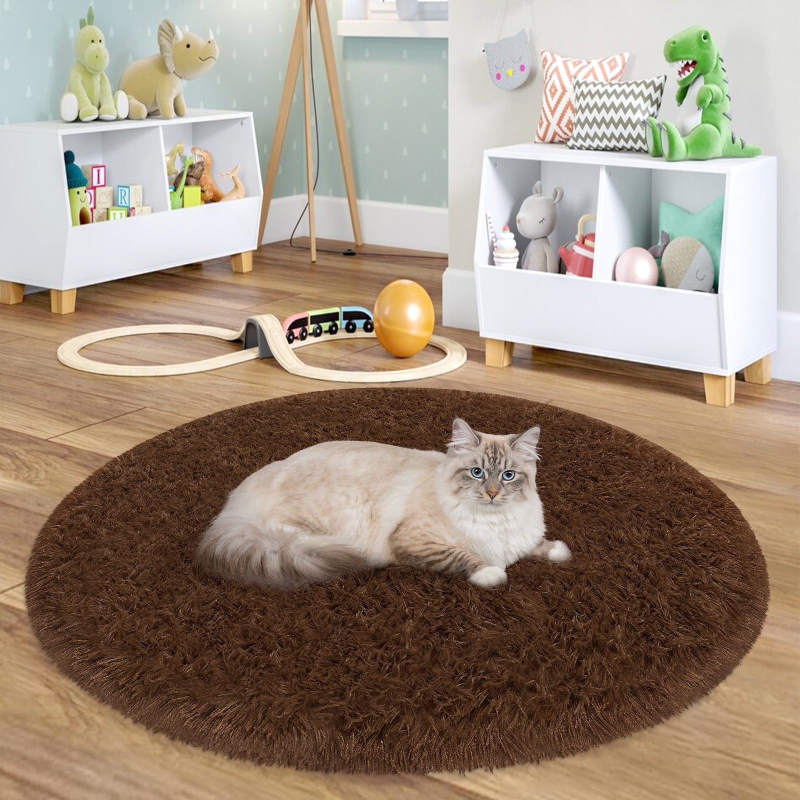 Fixseed Brown Round Area Rugs 3 Ft Small Fluffy Rug for Bedroom Shaggy Circle Rug, Soft Furry Carpet for Teen's Room Aesthetic Décor Circular Carpet